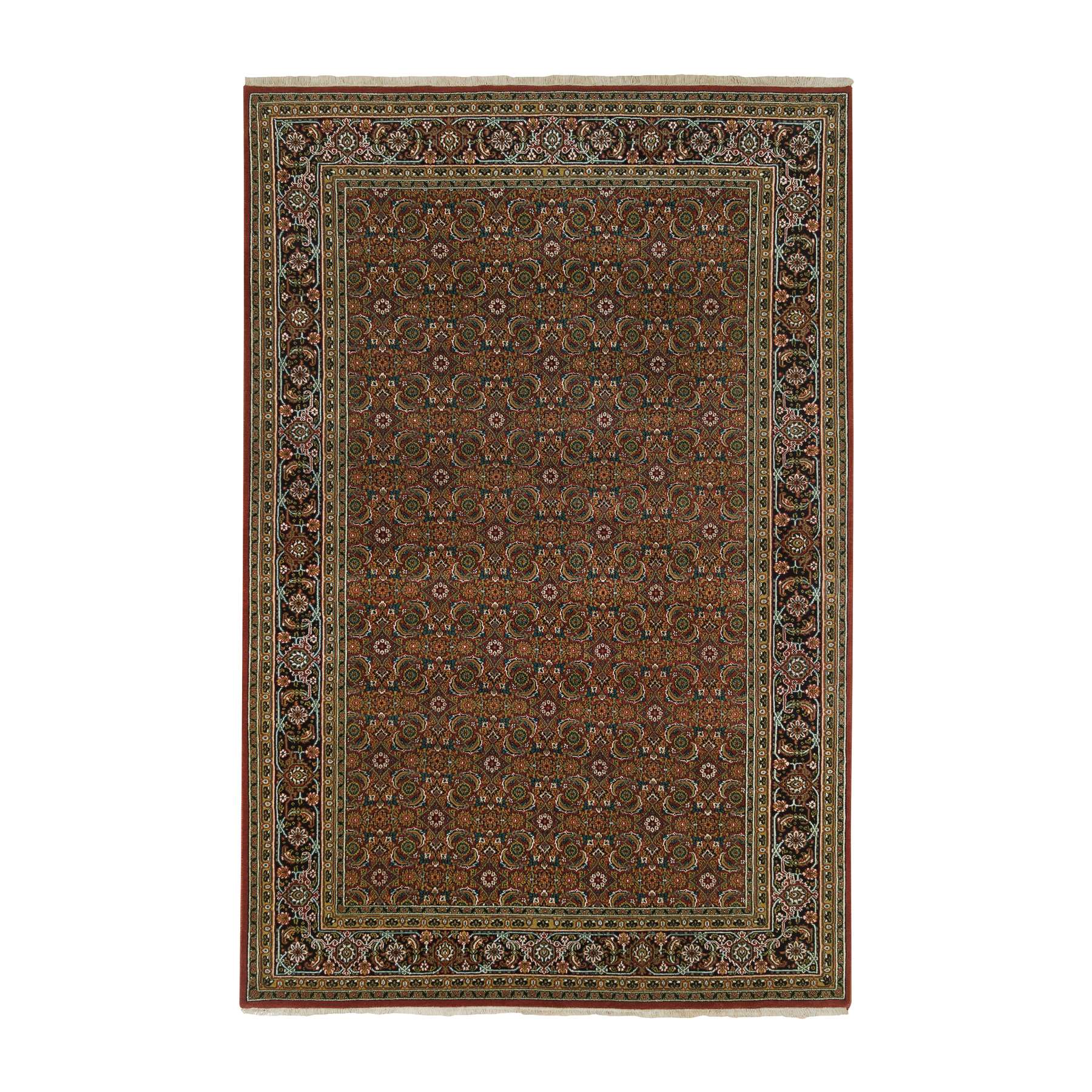 6'x9'5" Red, Herati All Over Fish Design Hand Knotted, 250 KPSI Wool and Silk, Dense Weave, Oriental Rug HR65109