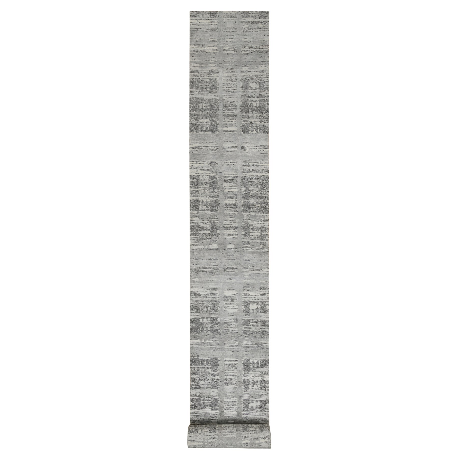 2'6"x25'9" Light Gray, Hand Knotted, Modern Design, Hand Spun Undyed Natural Wool, XL Runner Oriental Rug HR65157