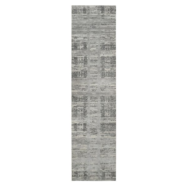 2'6"x10' Light Gray, Hand Knotted, Modern Design, Hand Spun Undyed Natural Wool, Oriental Runner Rug HR65166