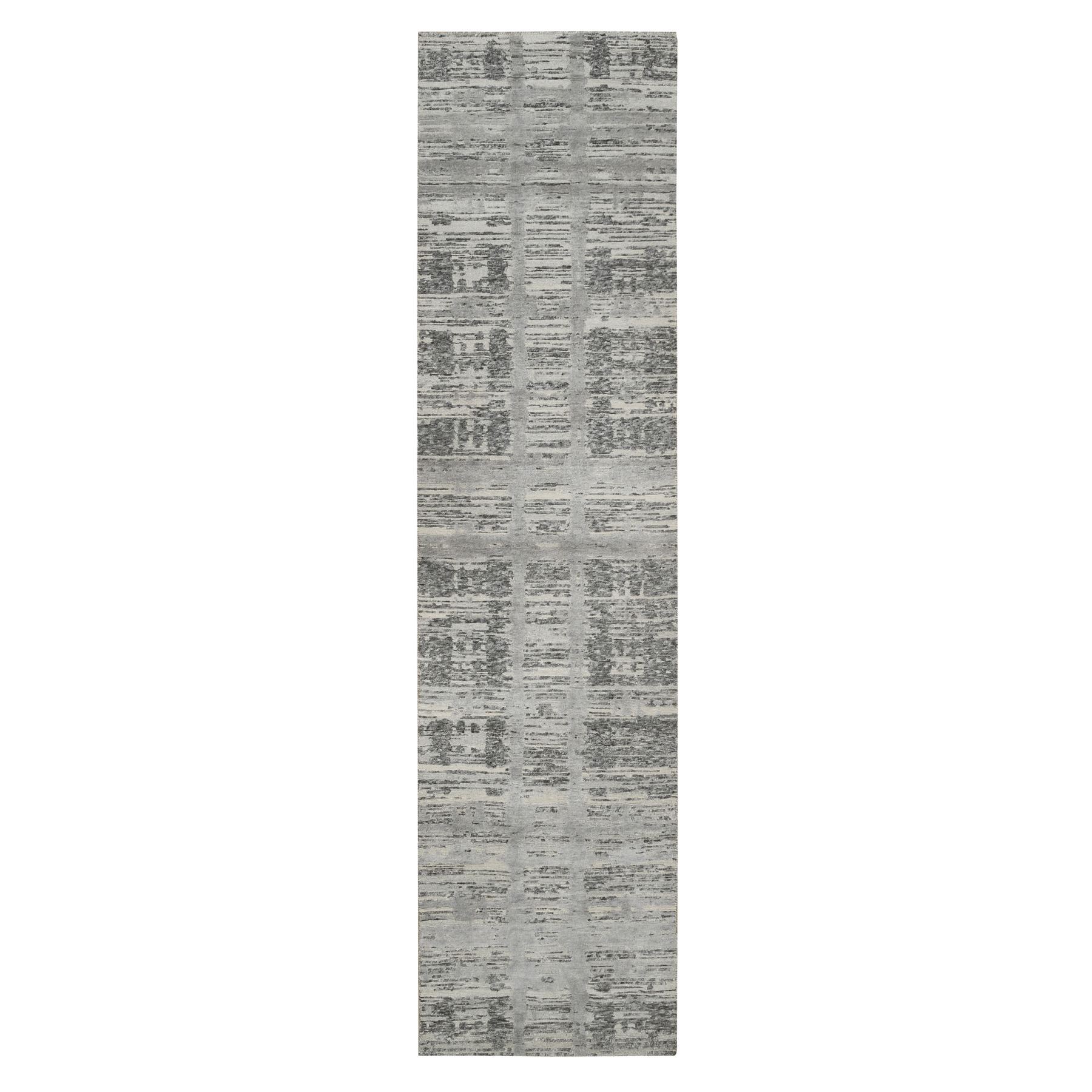 2'6"x10' Light Gray, Hand Knotted, Modern Design, Hand Spun Undyed Natural Wool, Oriental Runner Rug HR65166