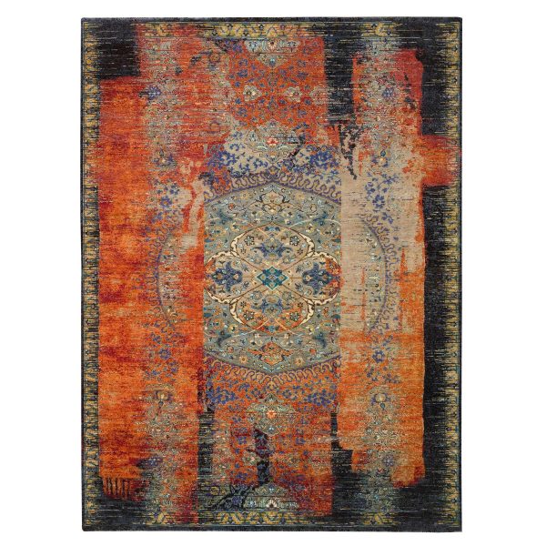 9'2"x12'1" Rust Red & Black, Ancient Ottoman Erased Design, Ghazni Wool Hand Knotted, Oriental Rug HR65170