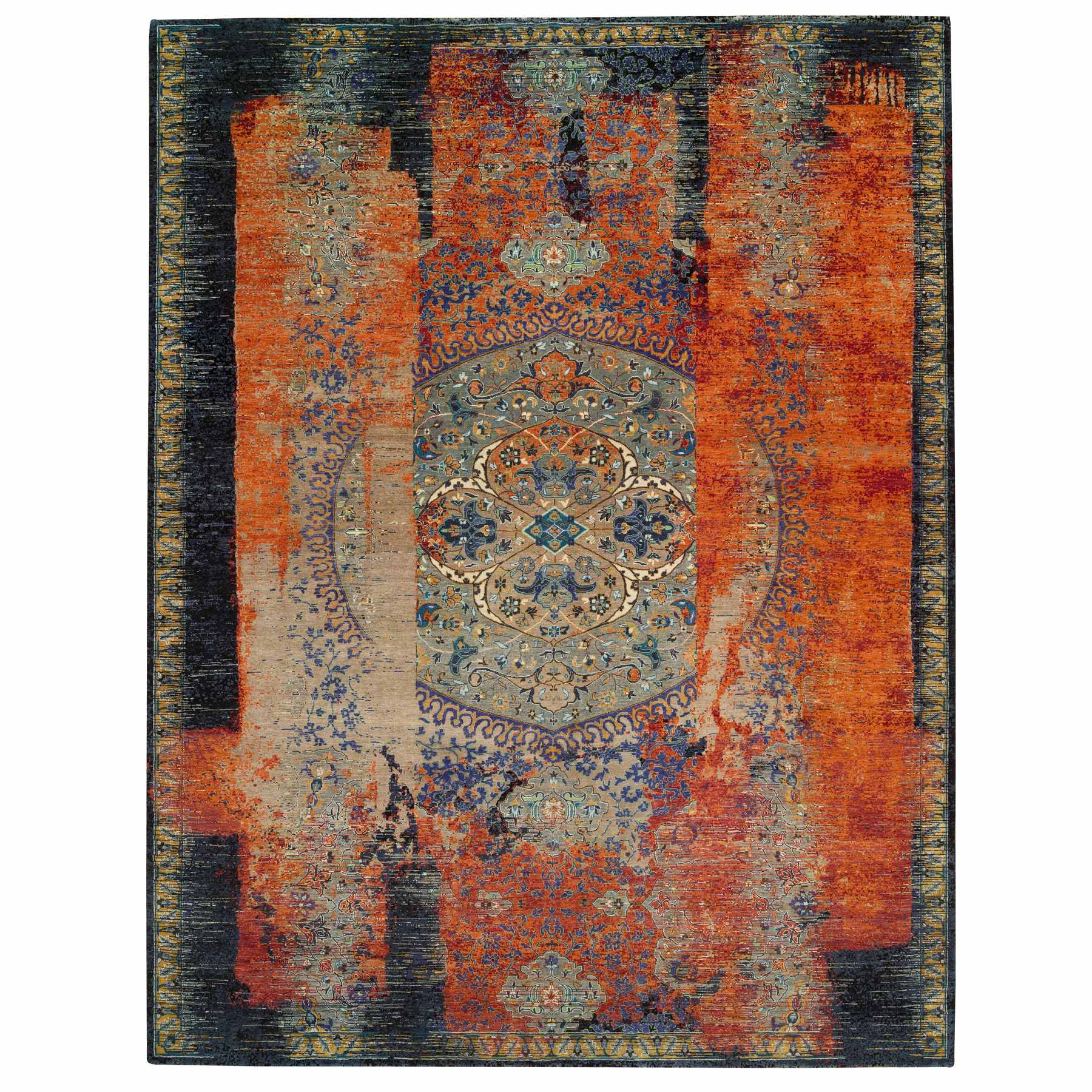 12'x15'1" Rust Red & Black, Ghazni Wool Hand Knotted, Ancient Ottoman Erased Design, Oversized Oriental Rug HR65176