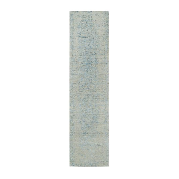 2'6"x10' Gray with Touches of Blue, Wool and Plant Based Silk, Modern Jacquard Hand Loomed, Soft to the Touch, Runner Oriental Rug HR65191