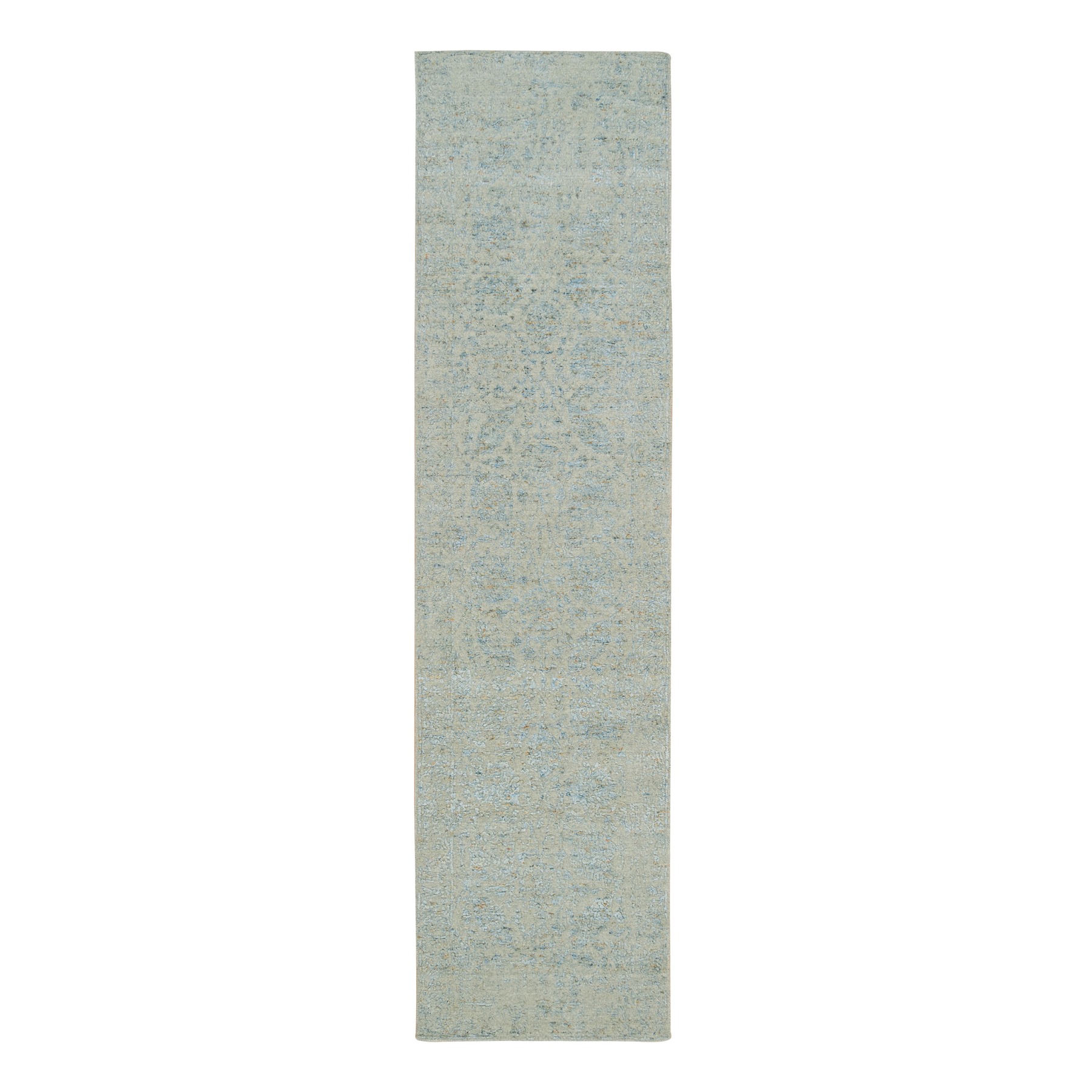 2'6"x10' Gray with Touches of Blue, Fine Jacquard Hand Loomed, Tabriz Design, Wool and Plant Based Silk Runner Oriental Rug HR65192