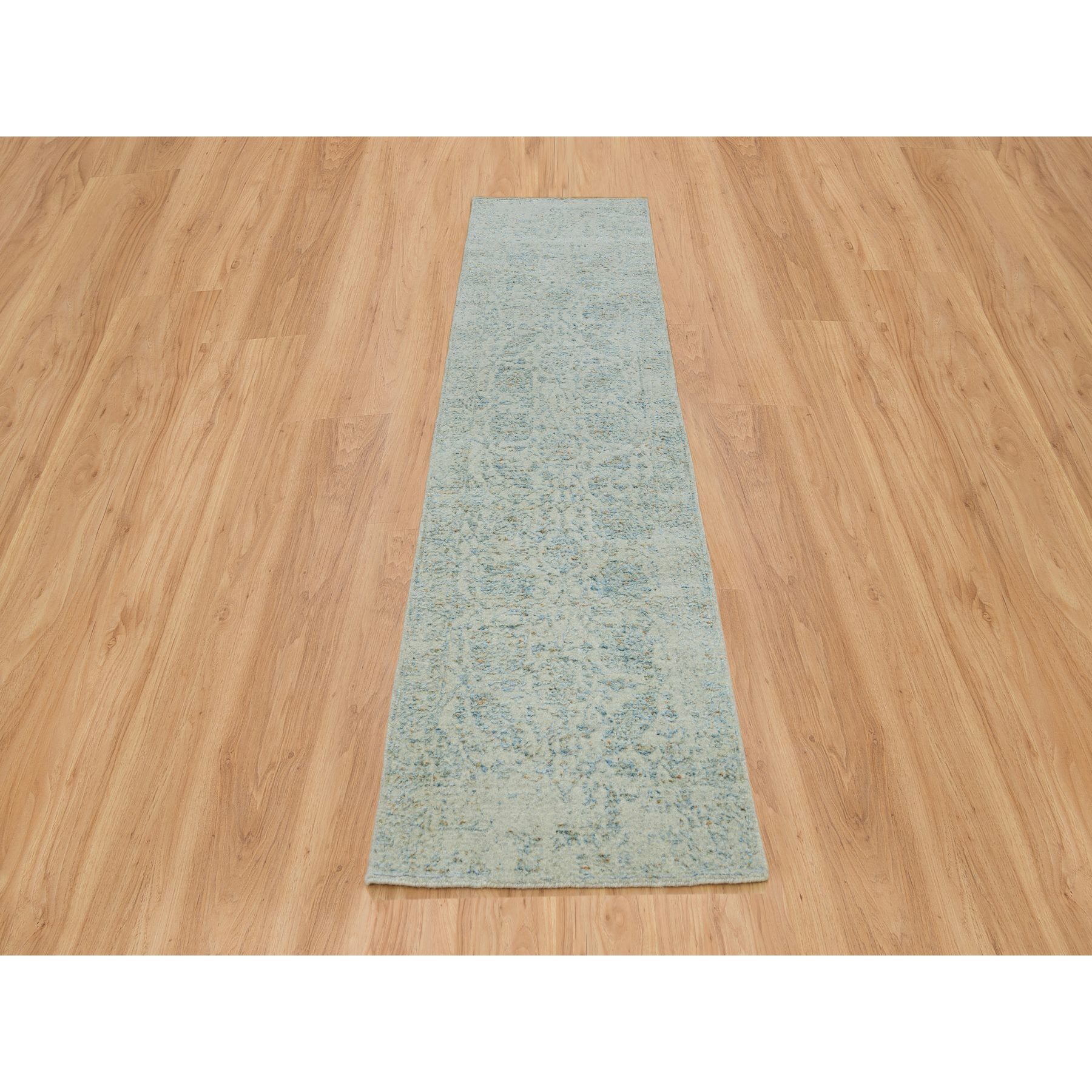 2'6"x10' Gray with Touches of Blue, Fine Jacquard Hand Loomed, Tabriz Design, Wool and Plant Based Silk Runner Oriental Rug HR65192 - Image 2