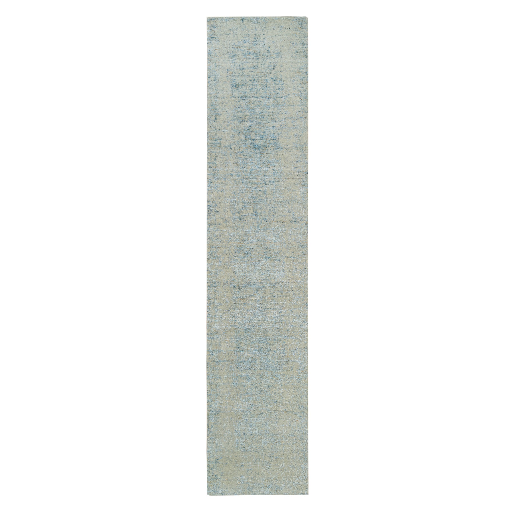 2'6"x12' Gray with Touches of Blue, Modern Jacquard Hand Loomed, Soft to the Touch Wool and Plant Based Silk, Runner Oriental Rug HR65193