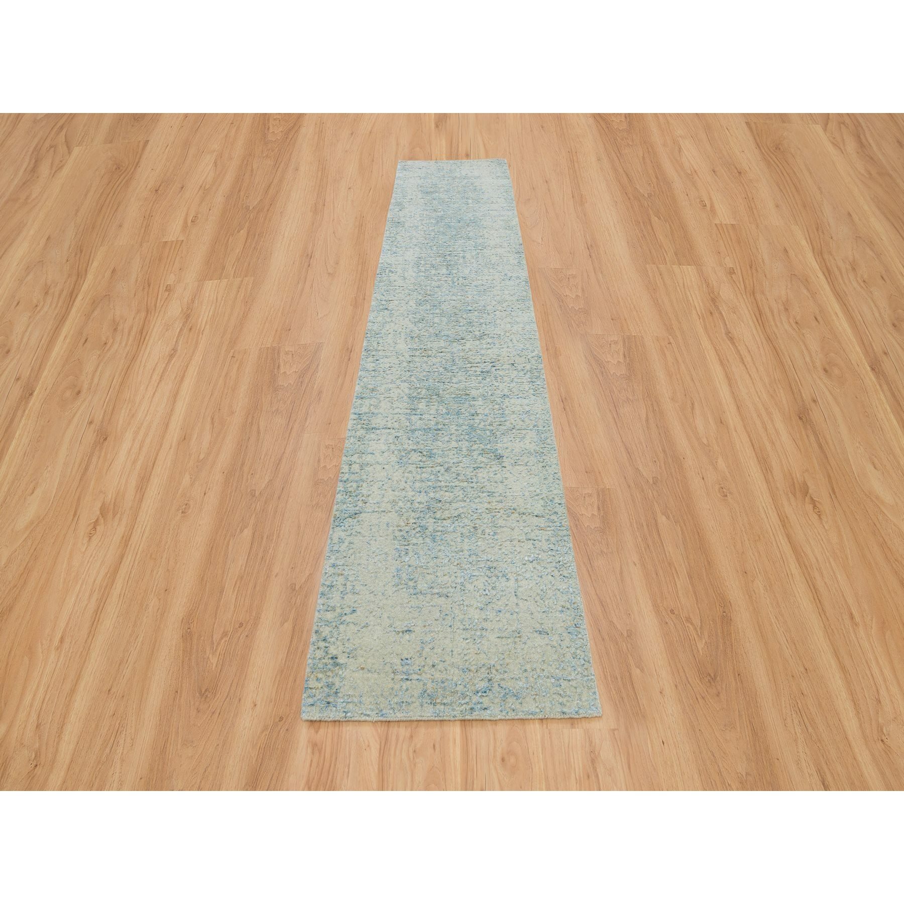 2'6"x12' Gray with Touches of Blue, Modern Jacquard Hand Loomed, Soft to the Touch Wool and Plant Based Silk, Runner Oriental Rug HR65193 - Image 2