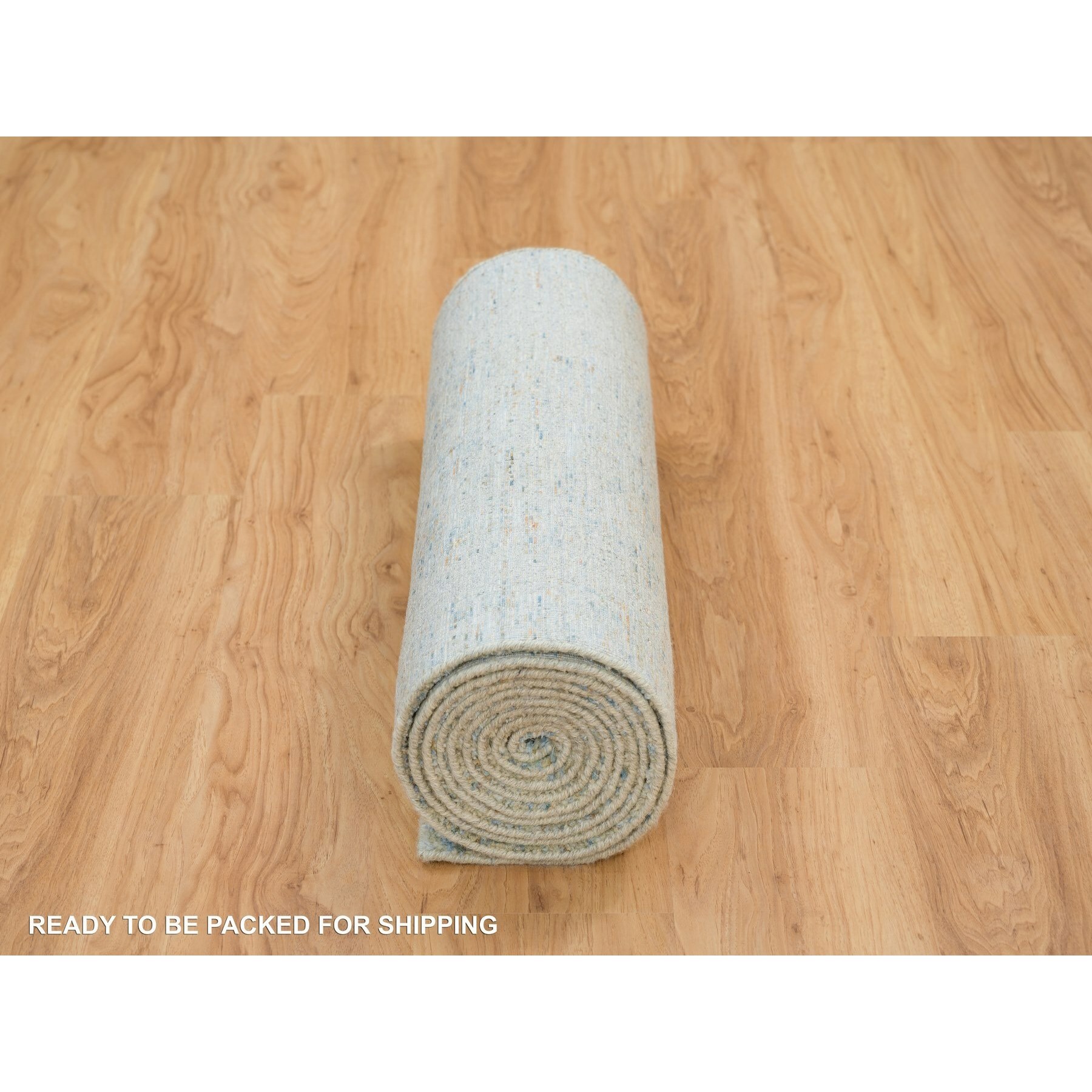 2'6"x12' Gray with Touches of Blue, Modern Jacquard Hand Loomed, Soft to the Touch Wool and Plant Based Silk, Runner Oriental Rug HR65193 - Image 6