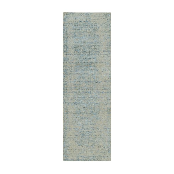 2'6"x8 Gray with Touches of Blue, Modern Jacquard Hand Loomed, Soft to the Touch Wool and Plant Based Silk, Runner Oriental Rug HR65194