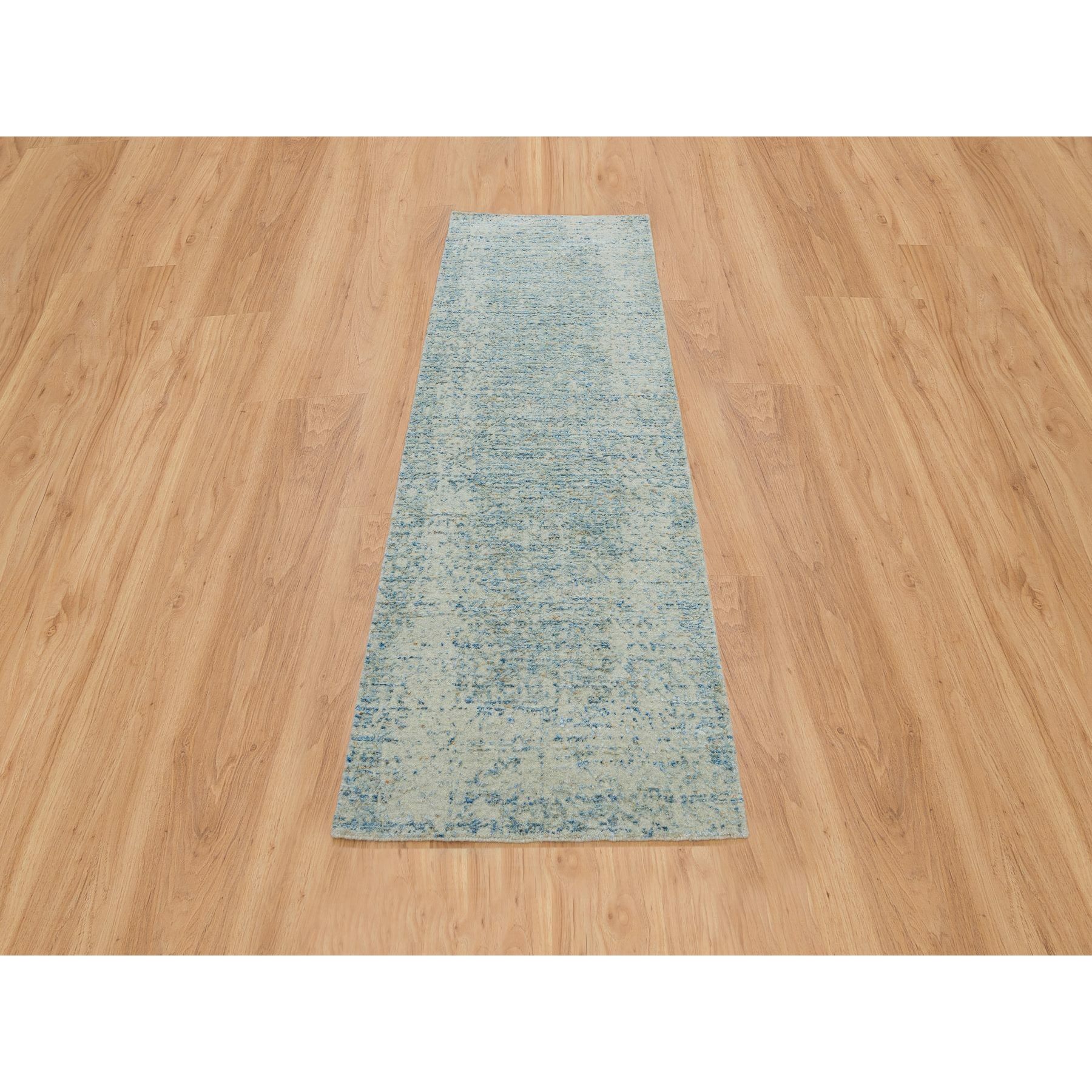 2'6"x8 Gray with Touches of Blue, Modern Jacquard Hand Loomed, Soft to the Touch Wool and Plant Based Silk, Runner Oriental Rug HR65194 - Image 2