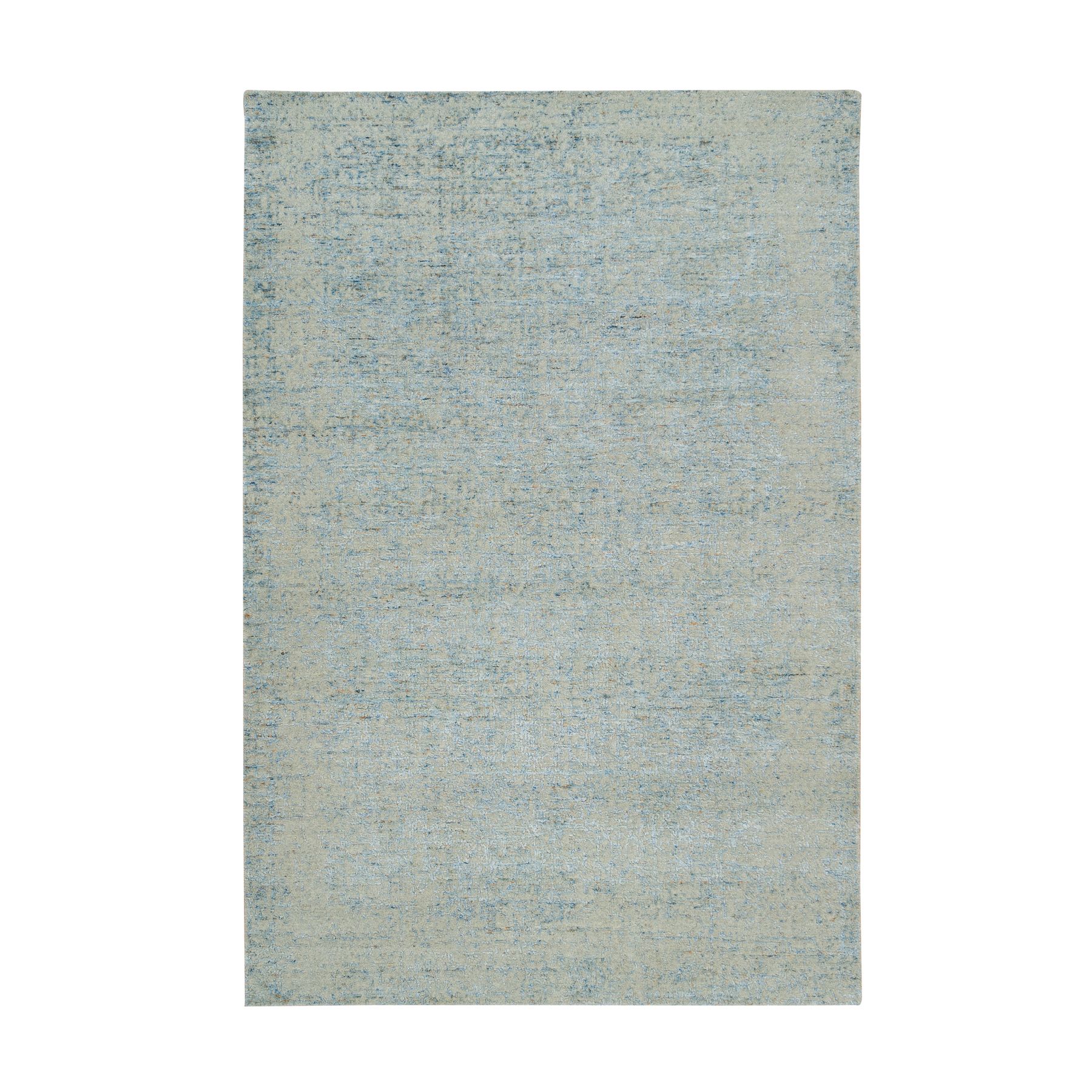 5'10"x9' Gray with Touches of Blue, Wool and Plant Based Silk, Modern Jacquard Hand Loomed, Soft to the Touch, Oriental Rug HR65196