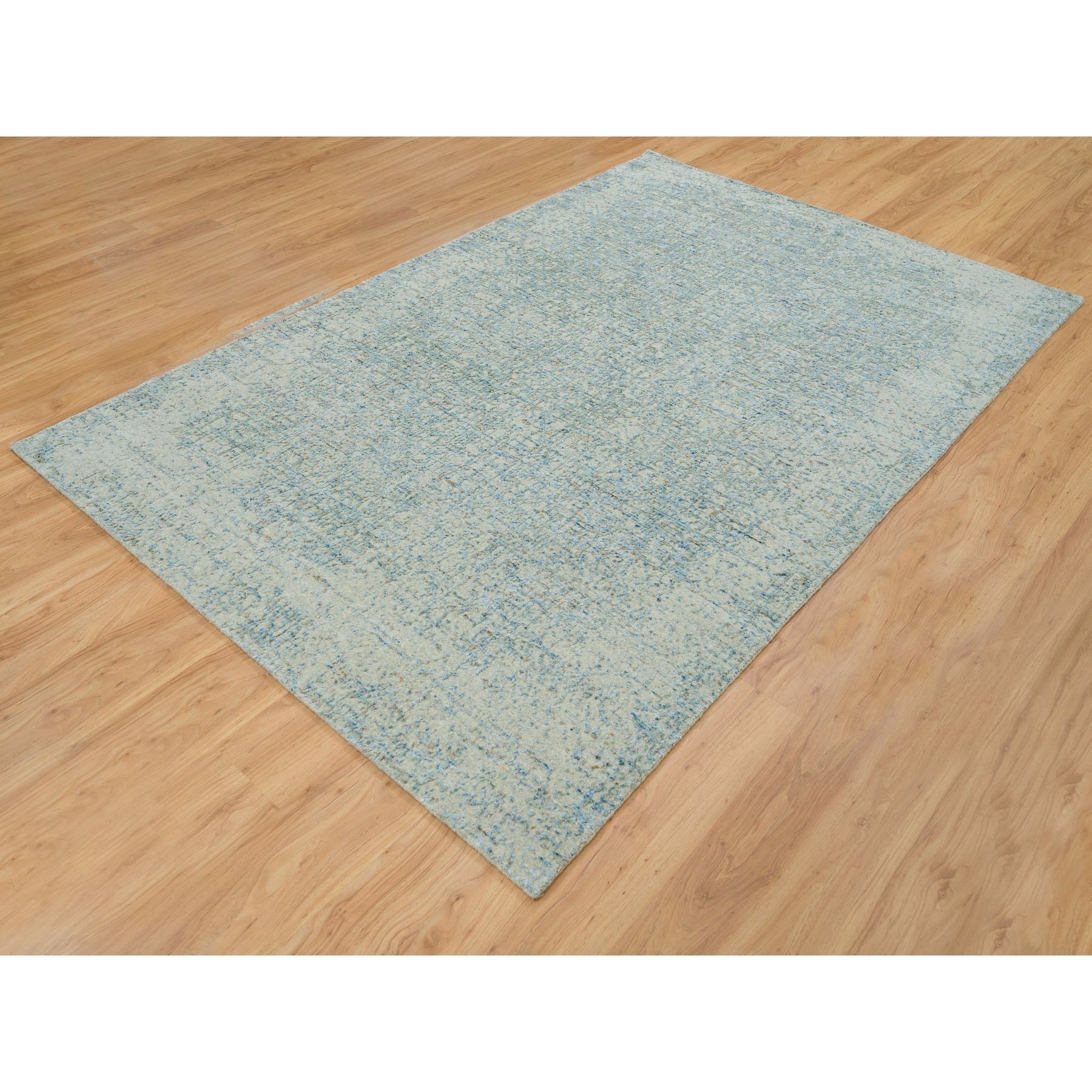5'10"x9' Gray with Touches of Blue, Wool and Plant Based Silk, Modern Jacquard Hand Loomed, Soft to the Touch, Oriental Rug HR65196 - Image 3