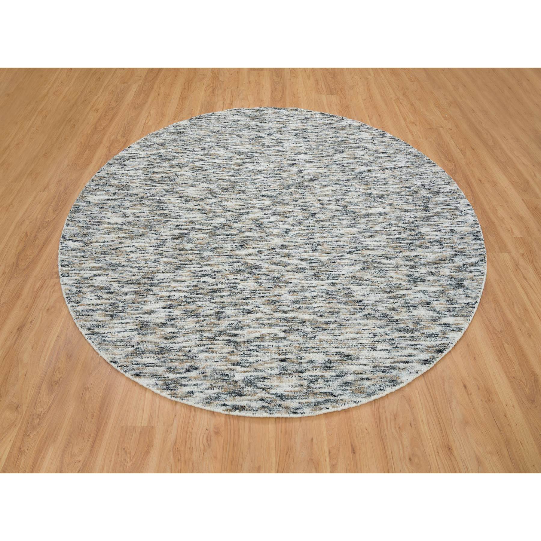 8'x8' Earth Tone Colors, Pure Wool, Hand Loomed, Modern Striped Design, Soft to the Touch Round Oriental Rug HR65226 - Image 2