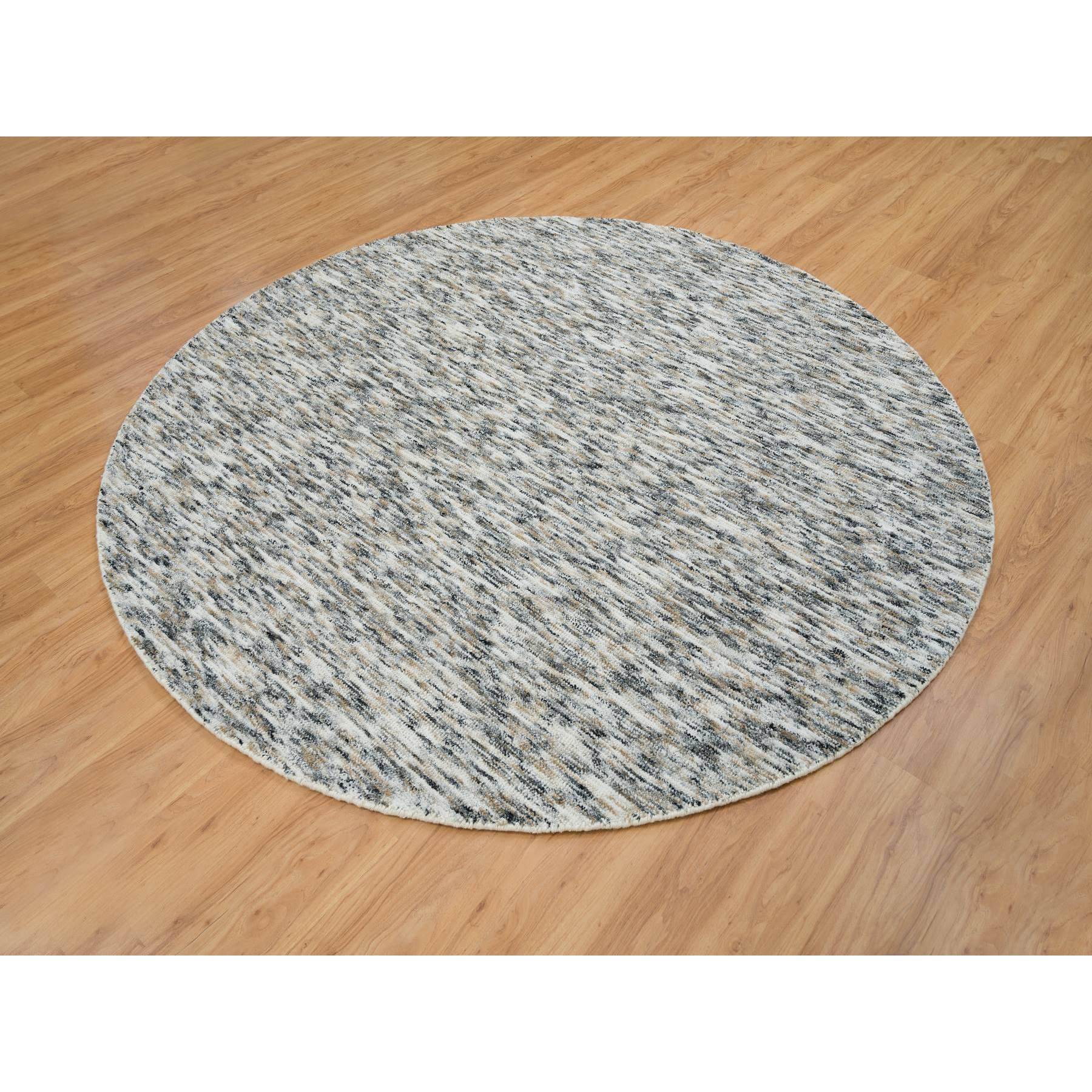 8'x8' Earth Tone Colors, Pure Wool, Hand Loomed, Modern Striped Design, Soft to the Touch Round Oriental Rug HR65226 - Image 3