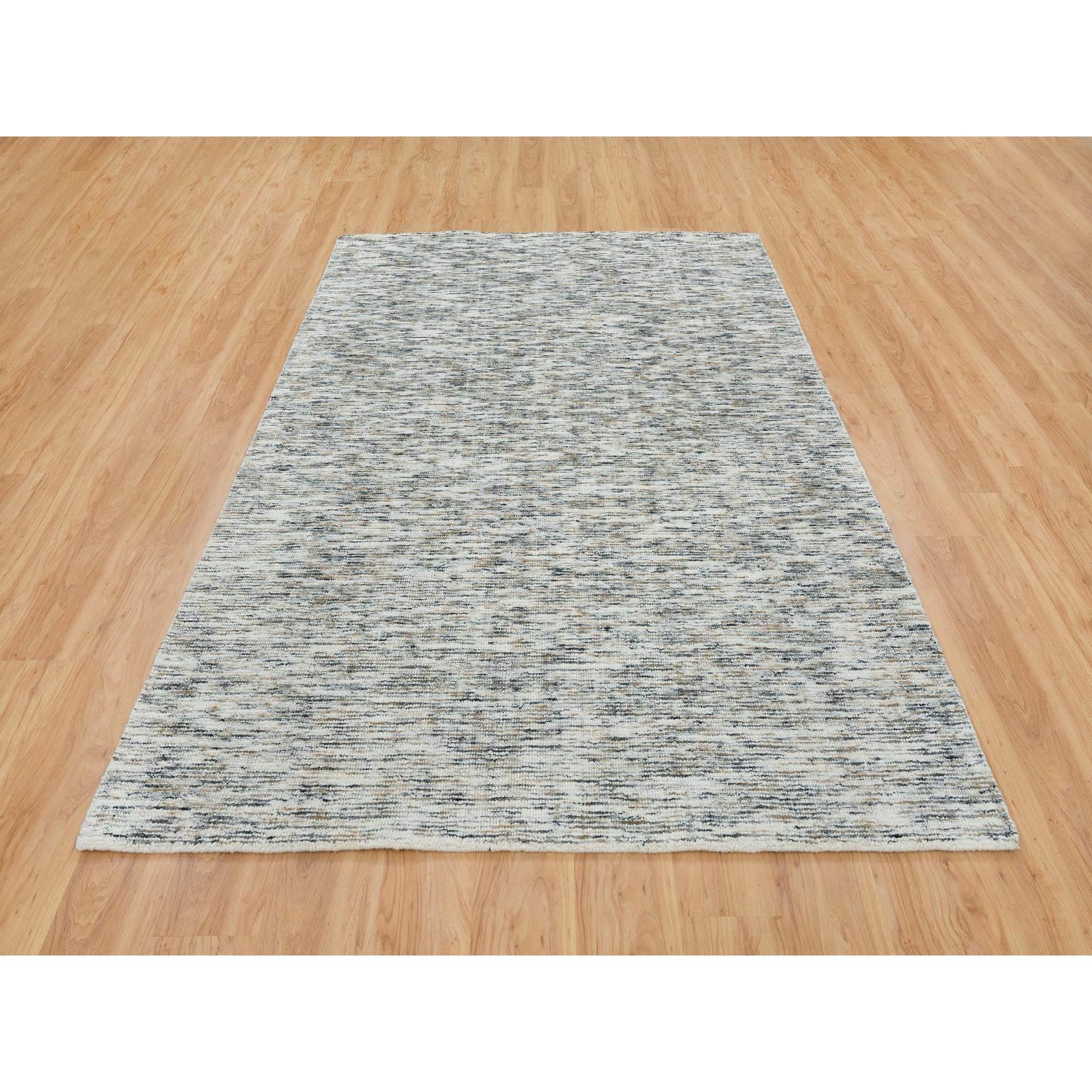 6'3"x9'1" Earth Tone Colors, Pure Wool, Hand Loomed, Modern Striped Design, Soft to the Touch Oriental Rug HR65227 - Image 2