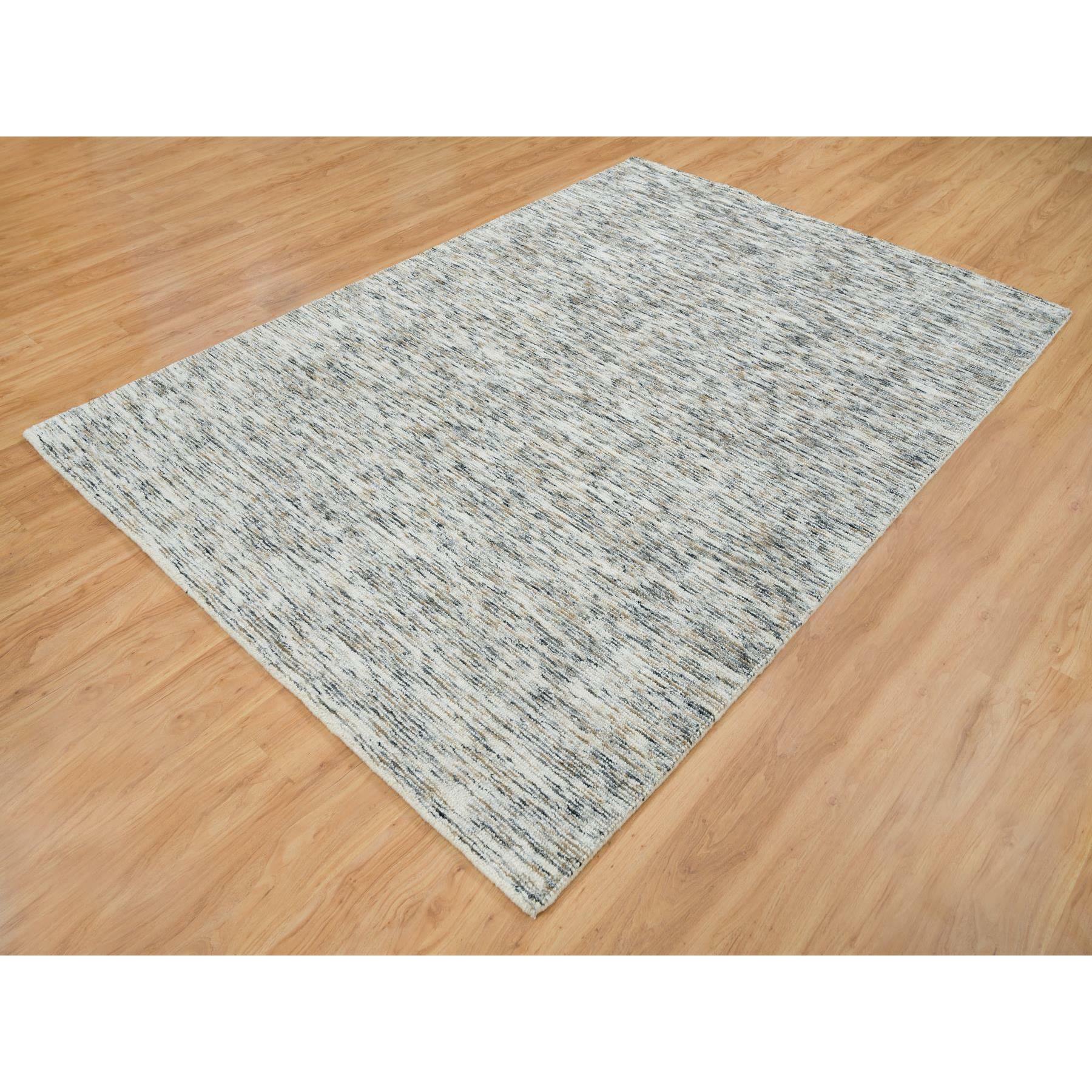 6'3"x9'1" Earth Tone Colors, Pure Wool, Hand Loomed, Modern Striped Design, Soft to the Touch Oriental Rug HR65227 - Image 3
