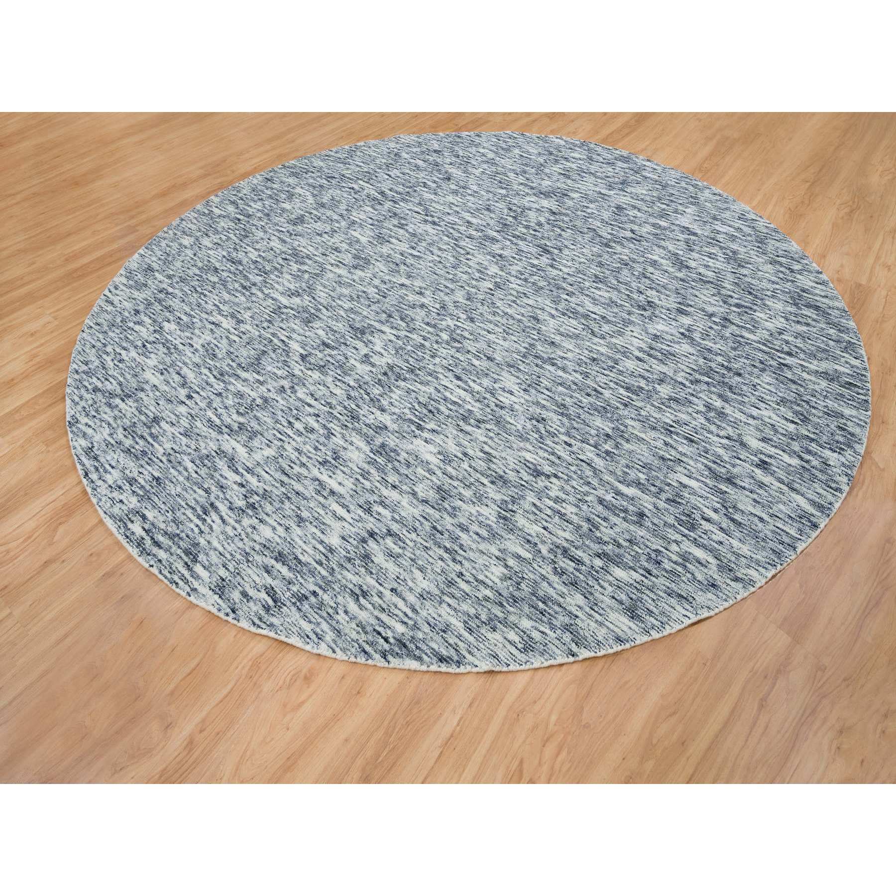 12'x12' Blue and Ivory, Modern Striped Design Soft Pile, Pure Wool Hand Loomed, Round Oriental Rug HR65239 - Image 3