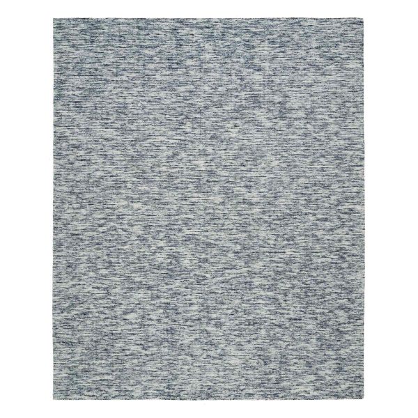 8'1"x10' Blue and Ivory, Hand Loomed Modern Striped Design, Soft Pile Pure Wool, Oriental Rug HR65241