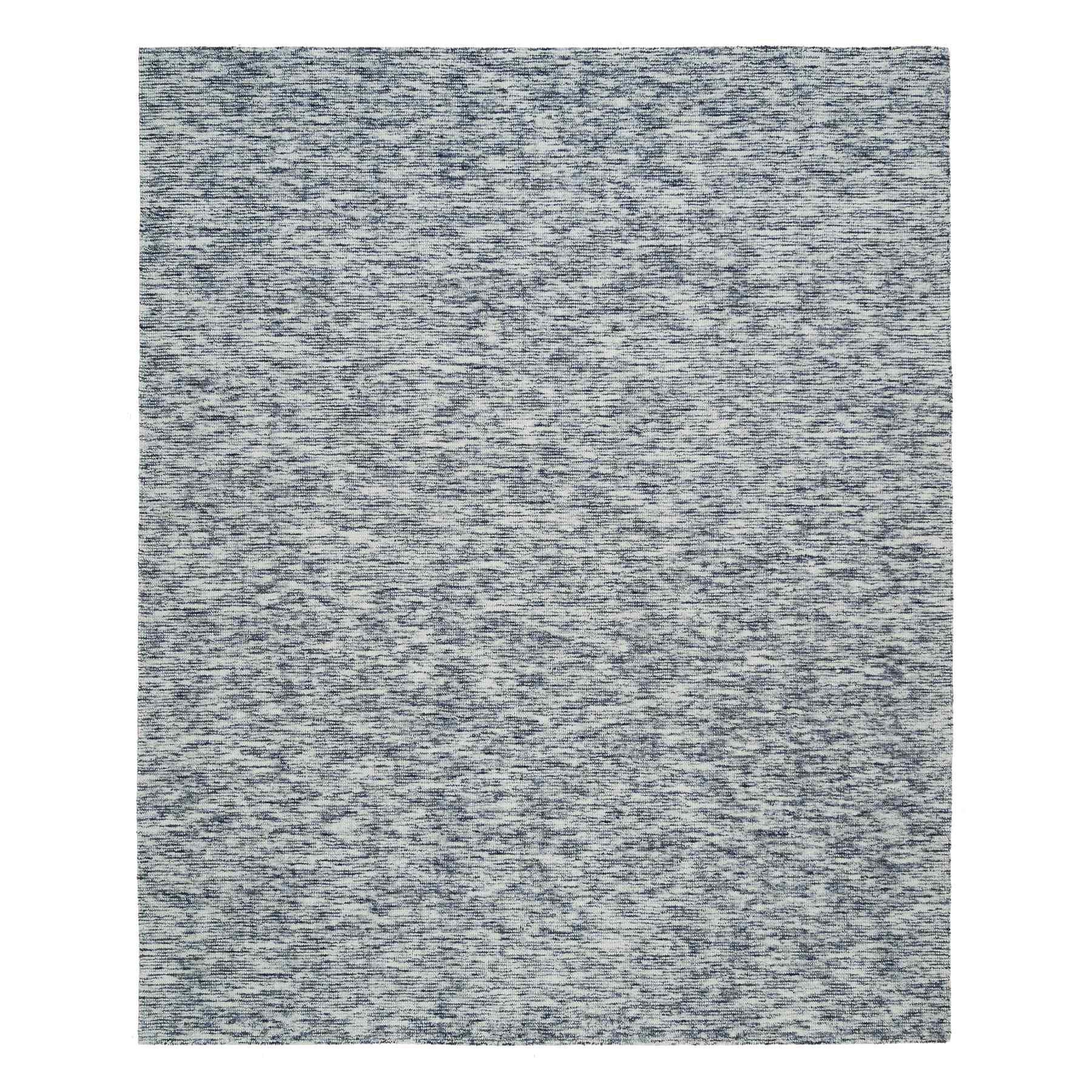 8'1"x10' Blue and Ivory, Hand Loomed Modern Striped Design, Soft Pile Pure Wool, Oriental Rug HR65241