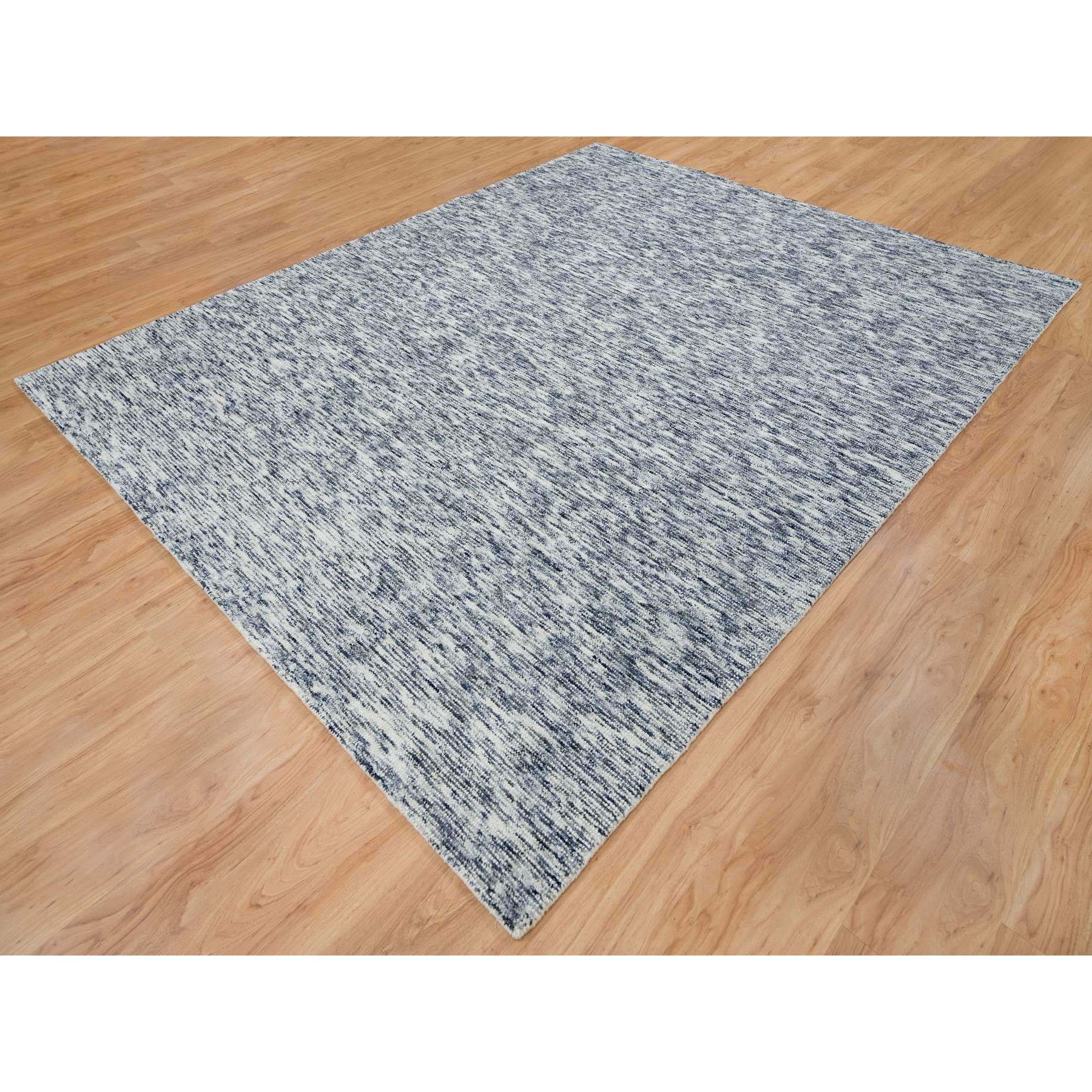 8'1"x10' Blue and Ivory, Hand Loomed Modern Striped Design, Soft Pile Pure Wool, Oriental Rug HR65241 - Image 4