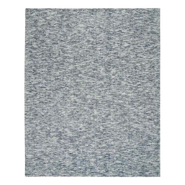 8'2"x10' Blue and Ivory, Pure Wool Hand Loomed, Modern Striped Design Soft to the Touch, Oriental Rug HR65243