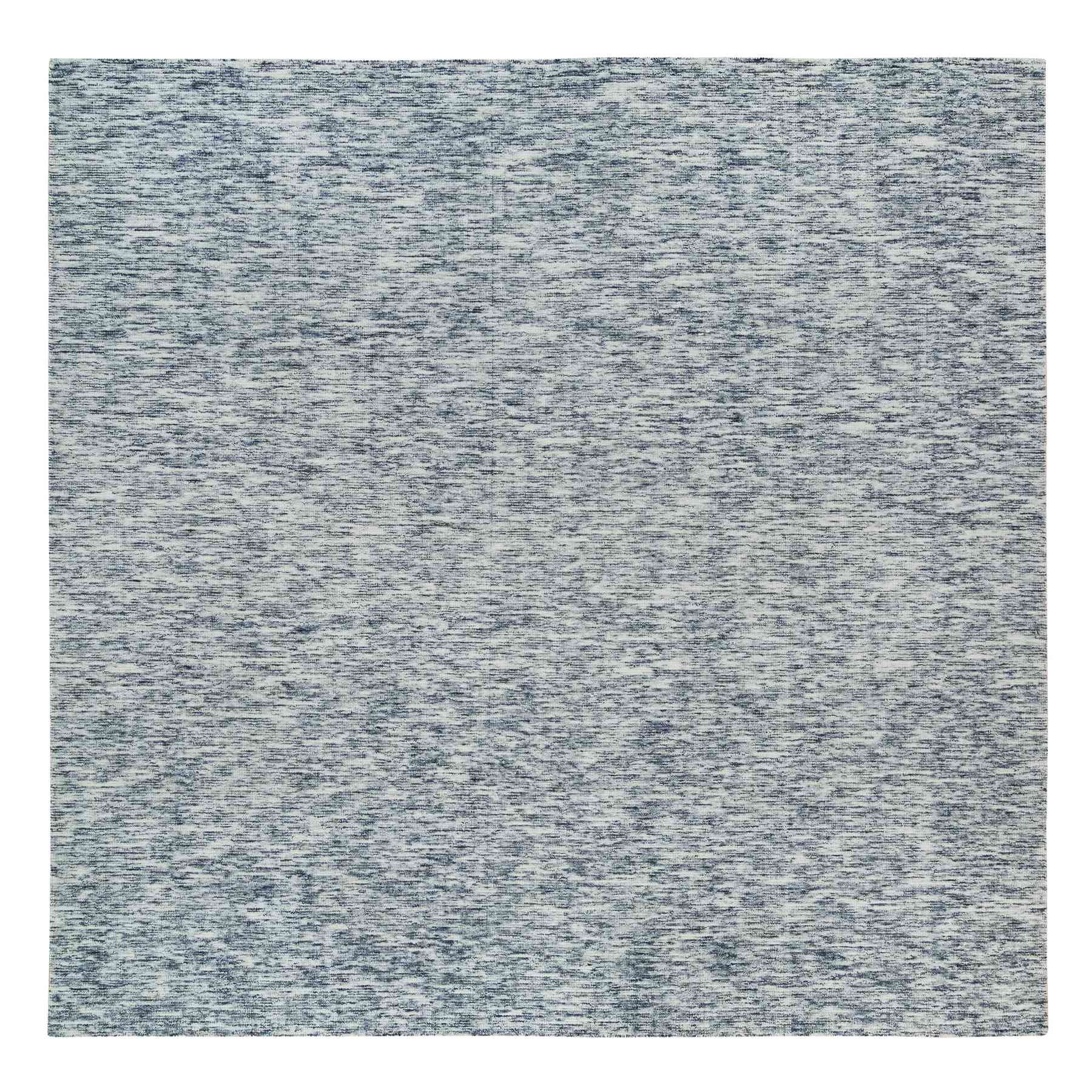 12'x12' Blue and Ivory, Soft Pile Pure Wool, Hand Loomed Modern Striped Design, Square Oriental Rug HR65252