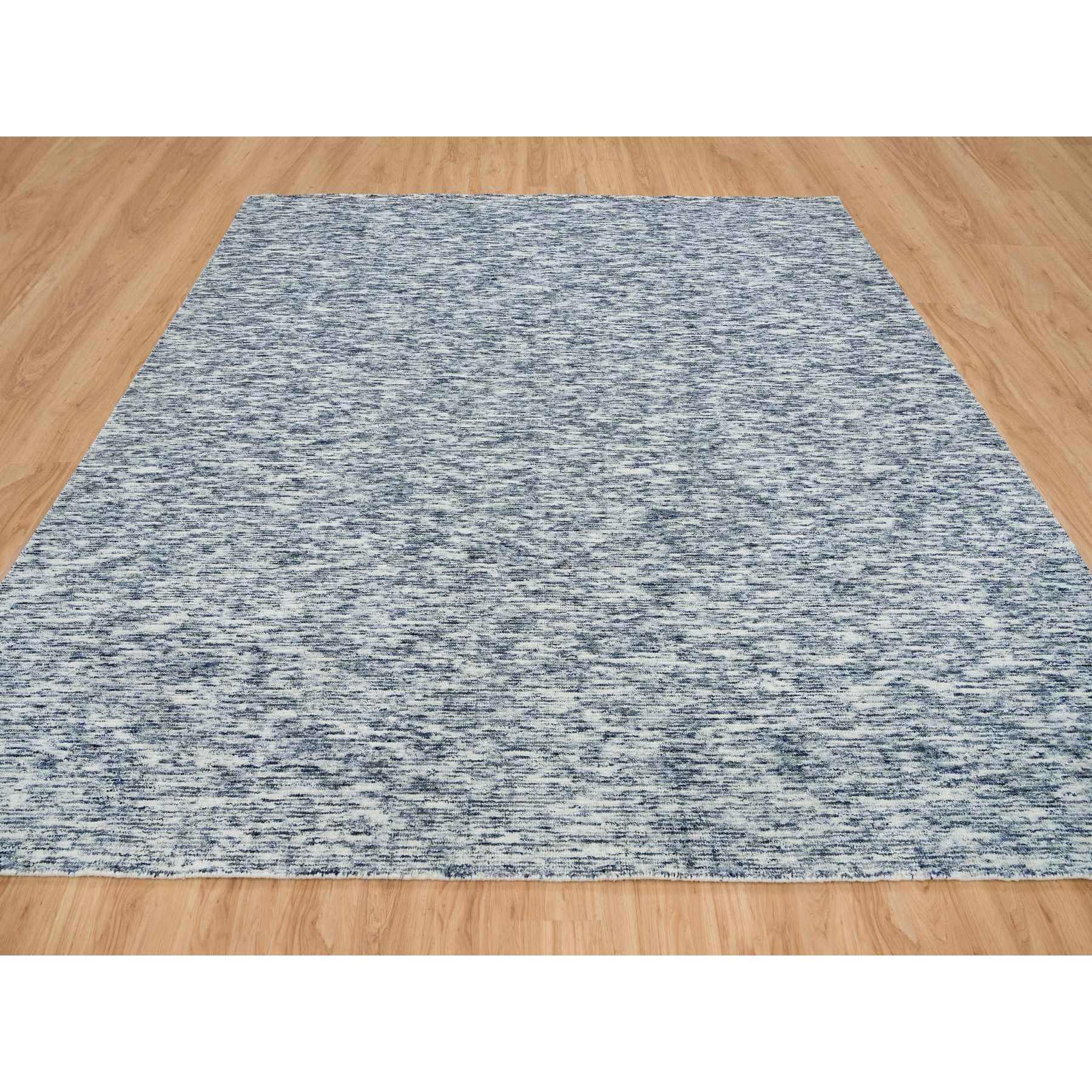 12'x12' Blue and Ivory, Soft Pile Pure Wool, Hand Loomed Modern Striped Design, Square Oriental Rug HR65252 - Image 2