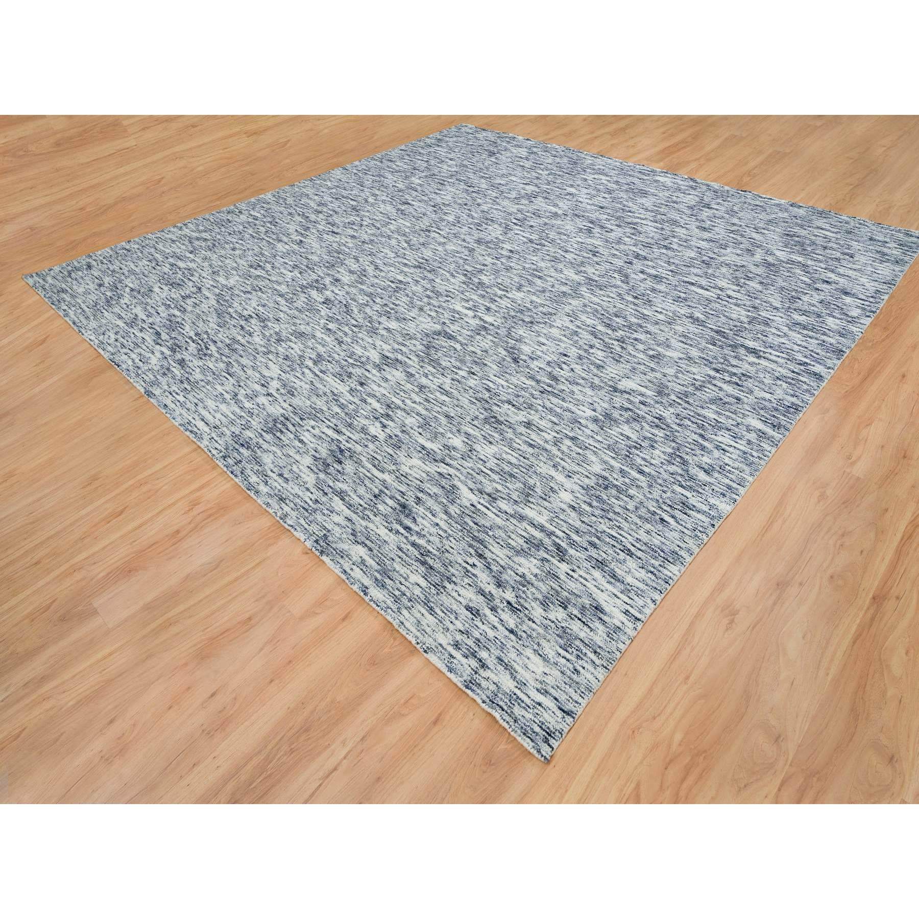 12'x12' Blue and Ivory, Soft Pile Pure Wool, Hand Loomed Modern Striped Design, Square Oriental Rug HR65252 - Image 3