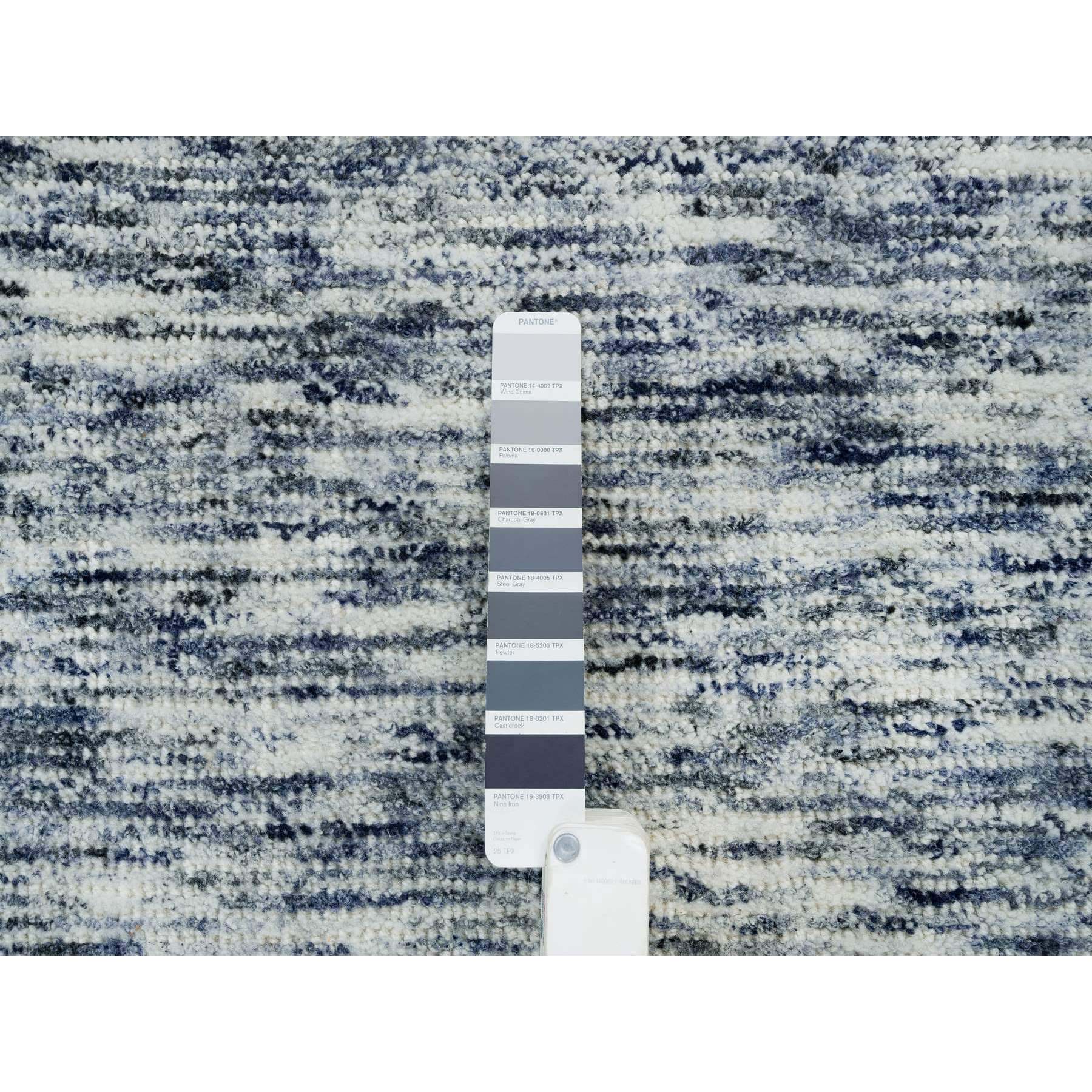 12'x12' Blue and Ivory, Soft Pile Pure Wool, Hand Loomed Modern Striped Design, Square Oriental Rug HR65252 - Image 7