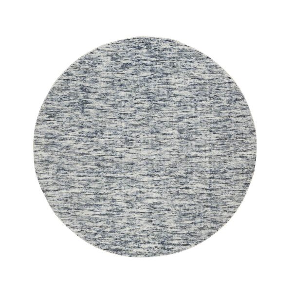 6'x6' Blue and Ivory, Soft to the Touch Pure Wool, Hand Loomed Modern Striped Design, Round Oriental Rug HR65254