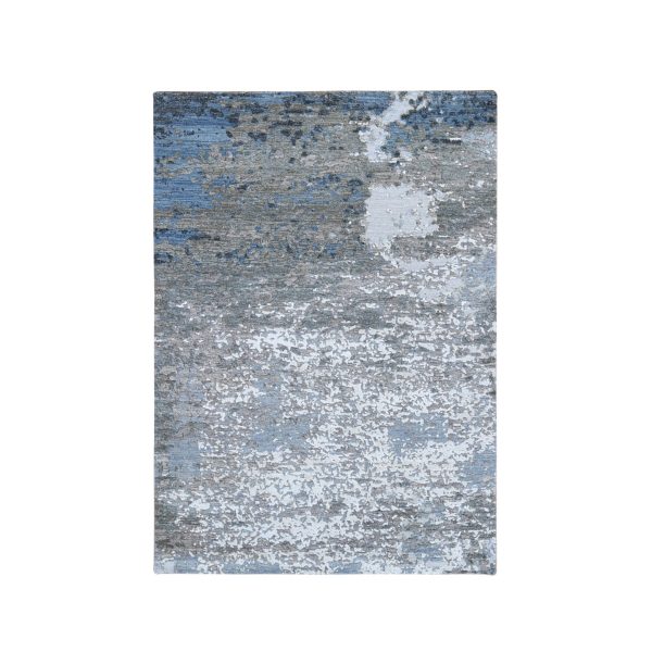 4'x6' Blue Abstract Design Wool and Silk Hi-Low Pile Denser Weave Hand Knotted Oriental Rug HR66528