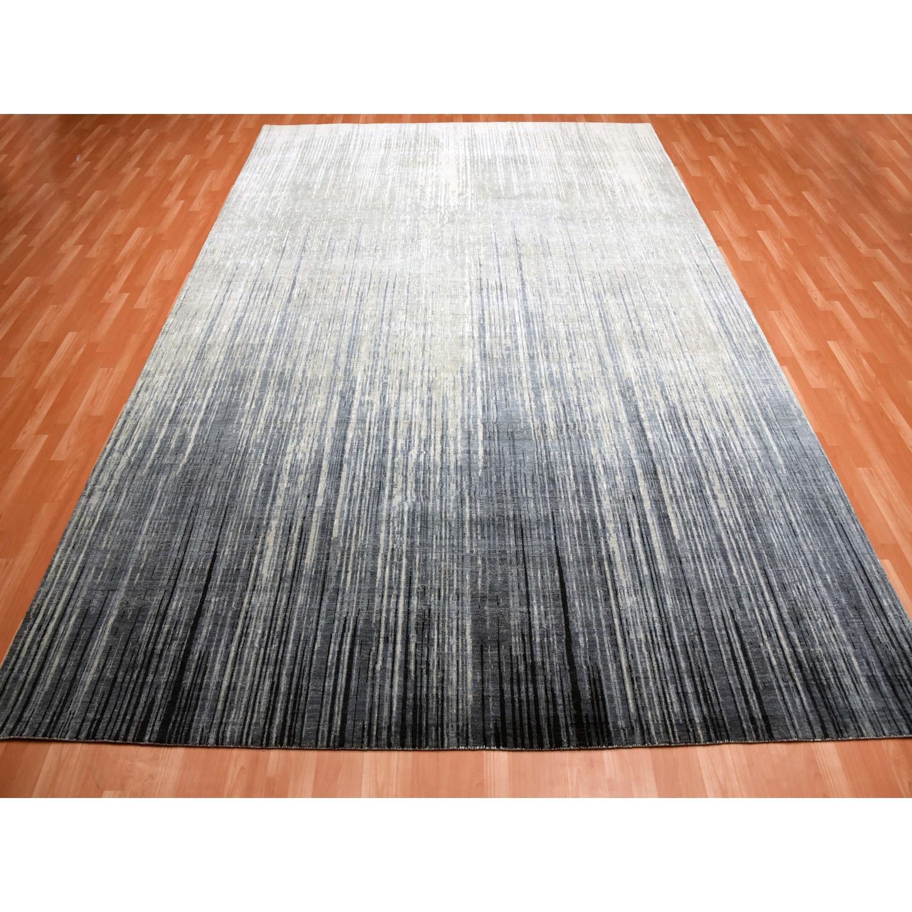10'1"x14'2" Gray and Blue, Densely Woven Pure Wool, Hand Knotted Modern Ombre Design, Oriental Rug HR75252 - Image 3