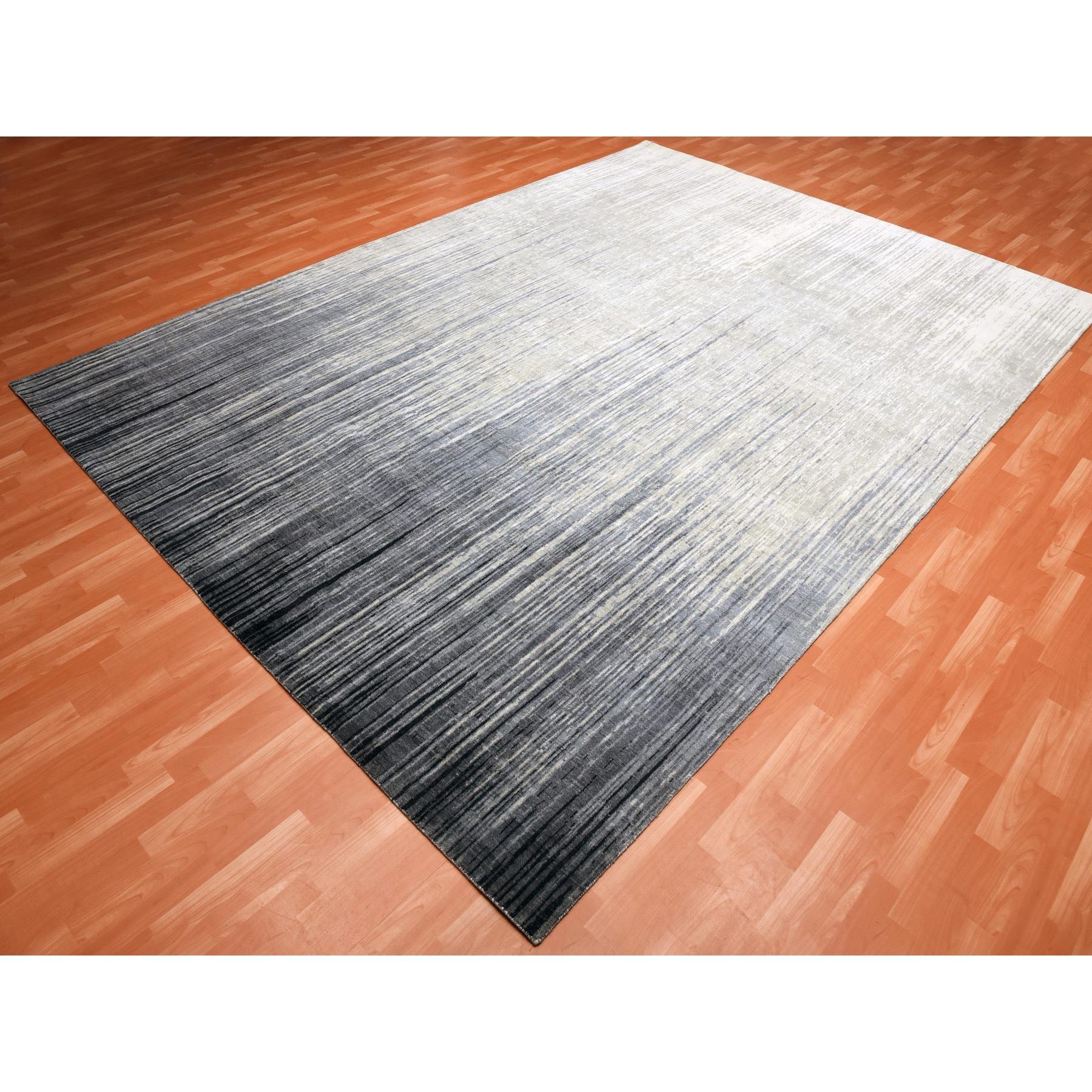 10'1"x14'2" Gray and Blue, Densely Woven Pure Wool, Hand Knotted Modern Ombre Design, Oriental Rug HR75252 - Image 4