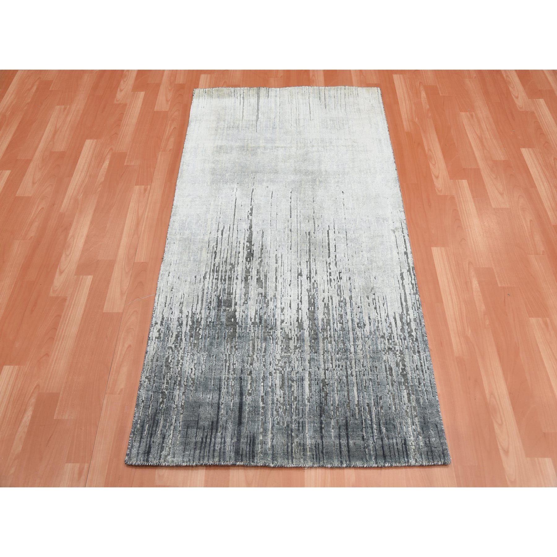 3'x5'3" Charcoal Gray, Hand Knotted Modern Vertical Ombre Design, Pure Silk with Textured Wool, Oriental Rug HR75262 - Image 2