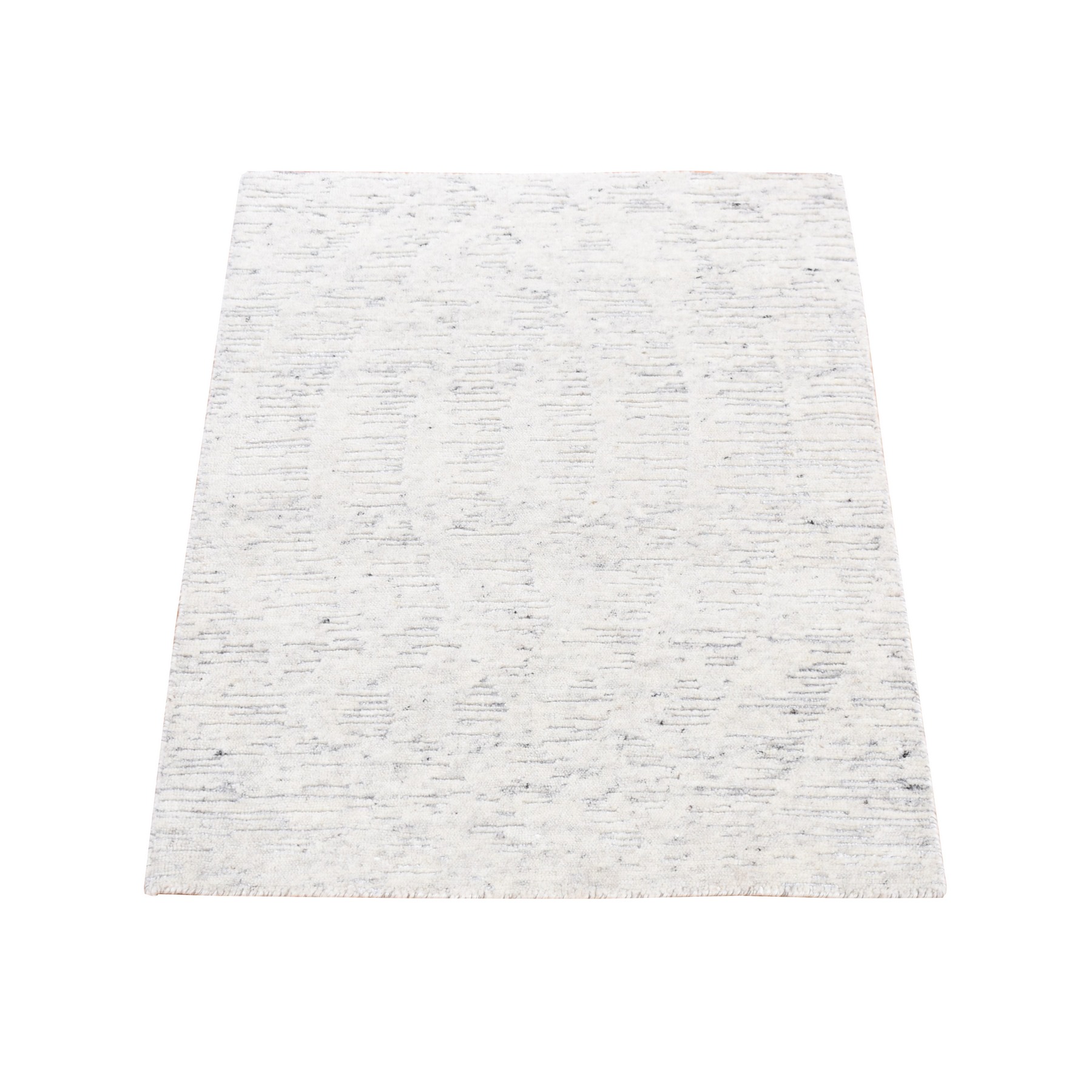2'2"x3' Ivory, Modern with Repetitive Curvilinear Design Undyed Natural Wool, Hand Knotted Tone on Tone, Mat Oriental Rug HR80603