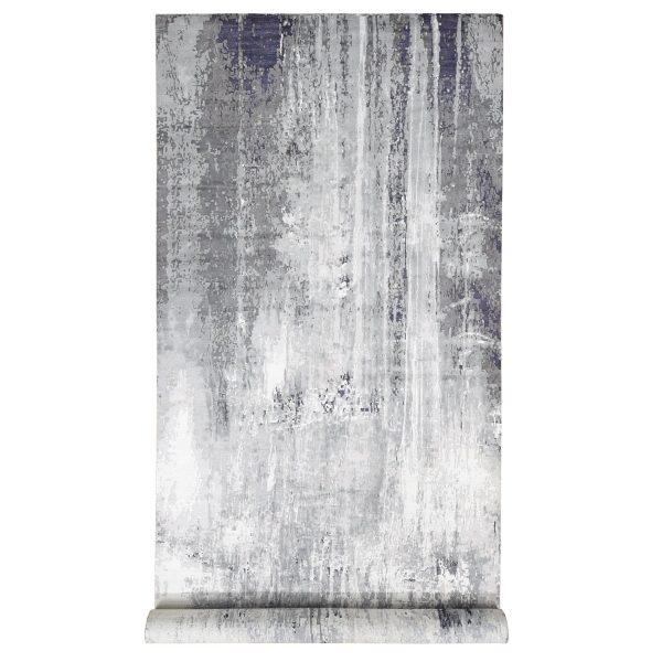 8'1"x23'10" Gray with Touches of Ivory, Modern Abstract Design, Wool and Silk Hand Knotted, Wide and Long Super Rare Gallery Size Oriental Rug HR80643