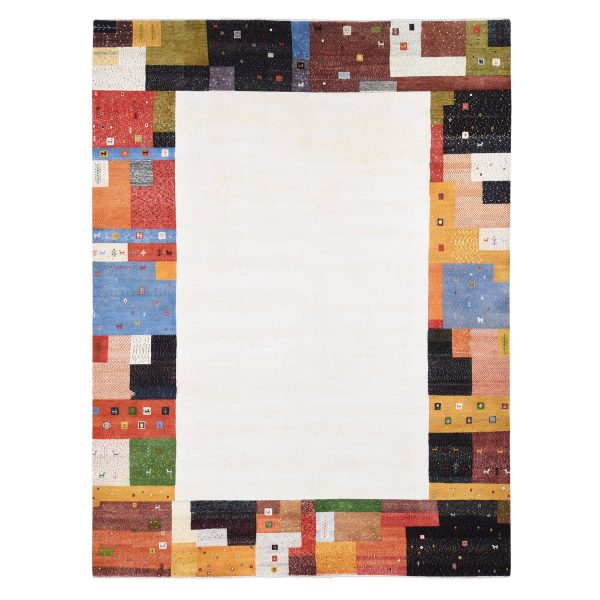 9'8"x13'5" Ivory, Folk Art Lori Buft Gabbeh Design Thick and Plush, 100% Wool Hand Knotted, Oriental Rug HR80646