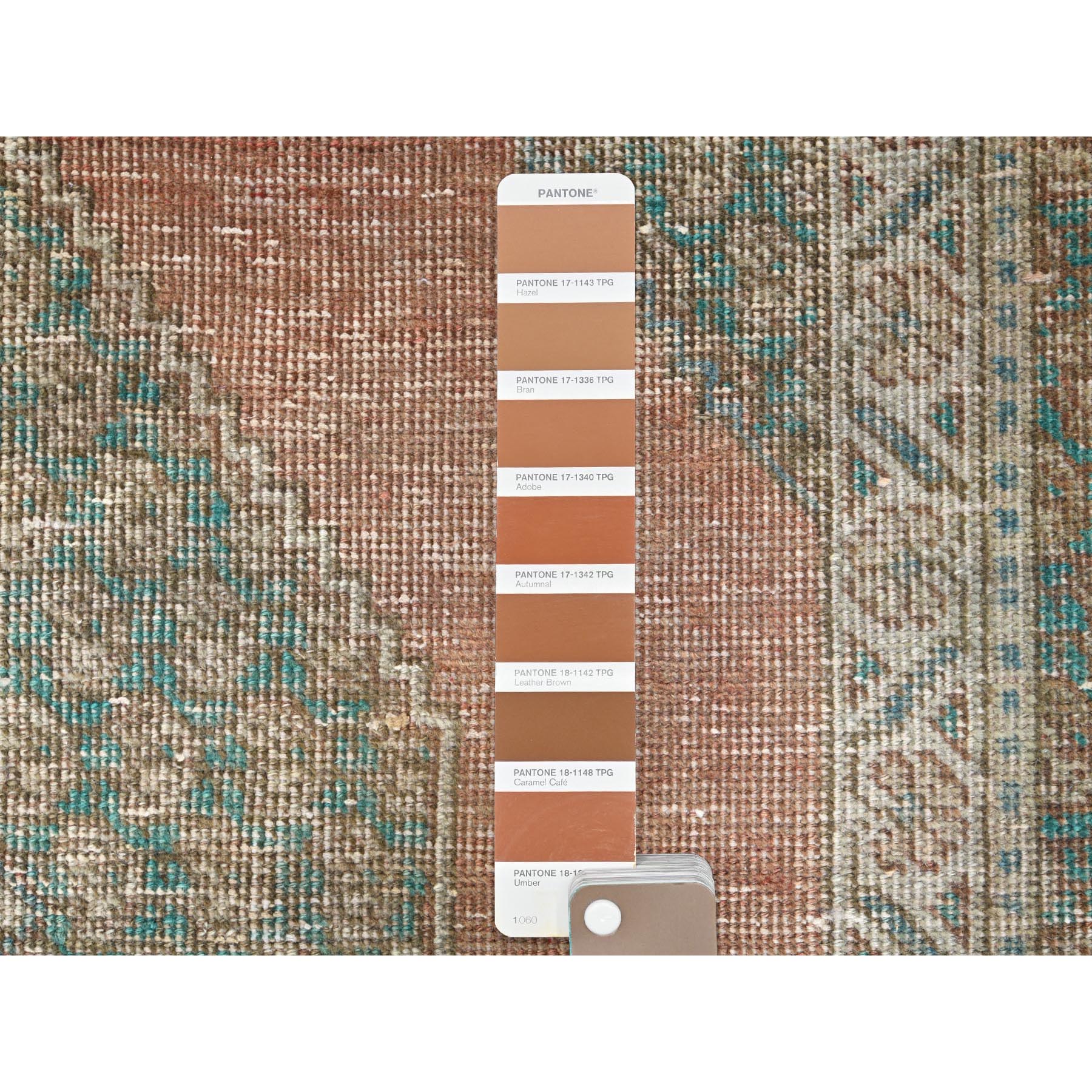 4'1"x6' Honey Brown, Hand Knotted Vintage Persian Shiraz Sheared Low, Distressed Look Worn Wool, Oriental Rug HR61953 - Image 4