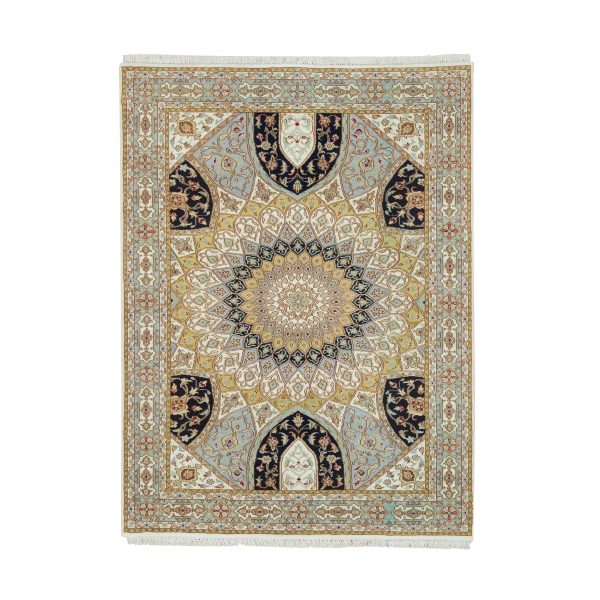 4'x6'1" Ivory, 100% Wool Hand Knotted, Nain with Gumbad Design, 250 KPSI Densely Woven, Oriental Rug HR65308