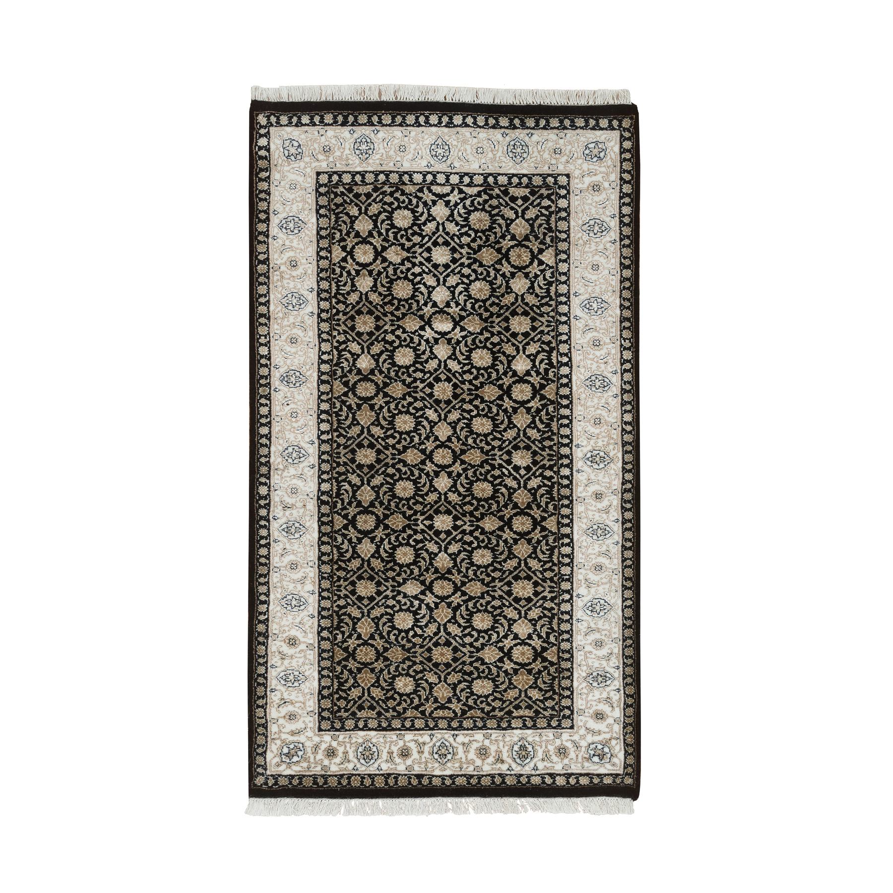 2'4"x4'7" Eerie Black, Herati with All Over Fish Mahi Design, 250 KPSI Super Fine Weave, Organic Wool Hand Knotted, Oriental Rug HR65311