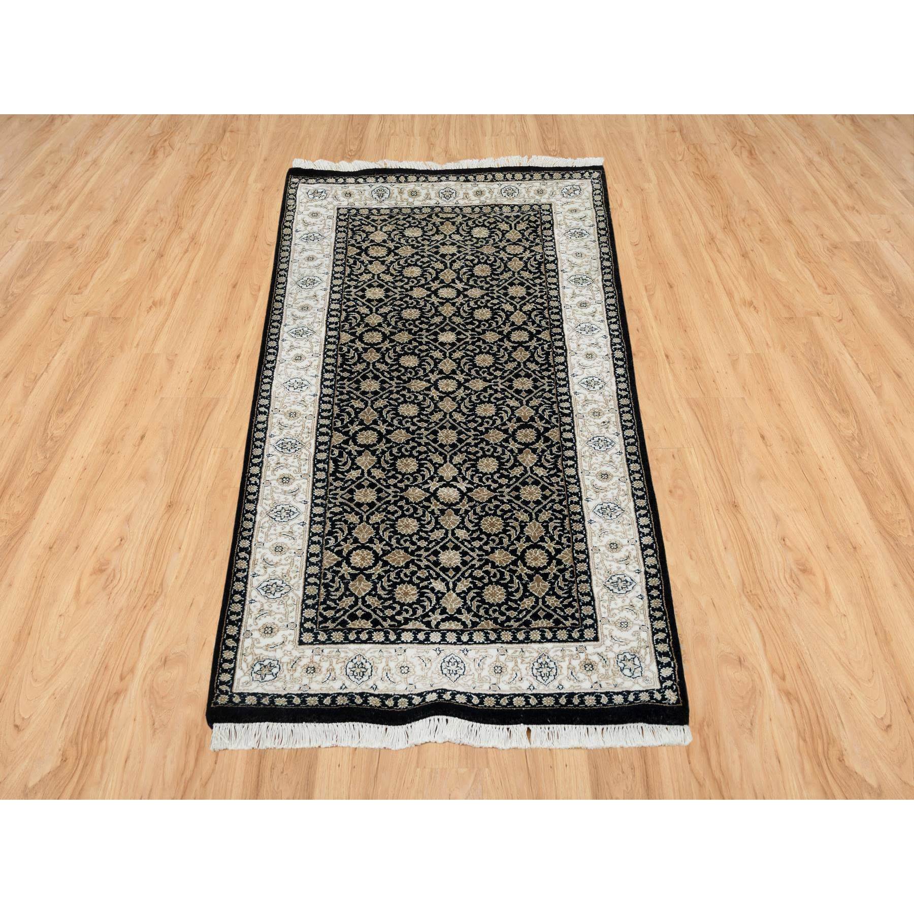 2'4"x4'7" Eerie Black, Herati with All Over Fish Mahi Design, 250 KPSI Super Fine Weave, Organic Wool Hand Knotted, Oriental Rug HR65311 - Image 2