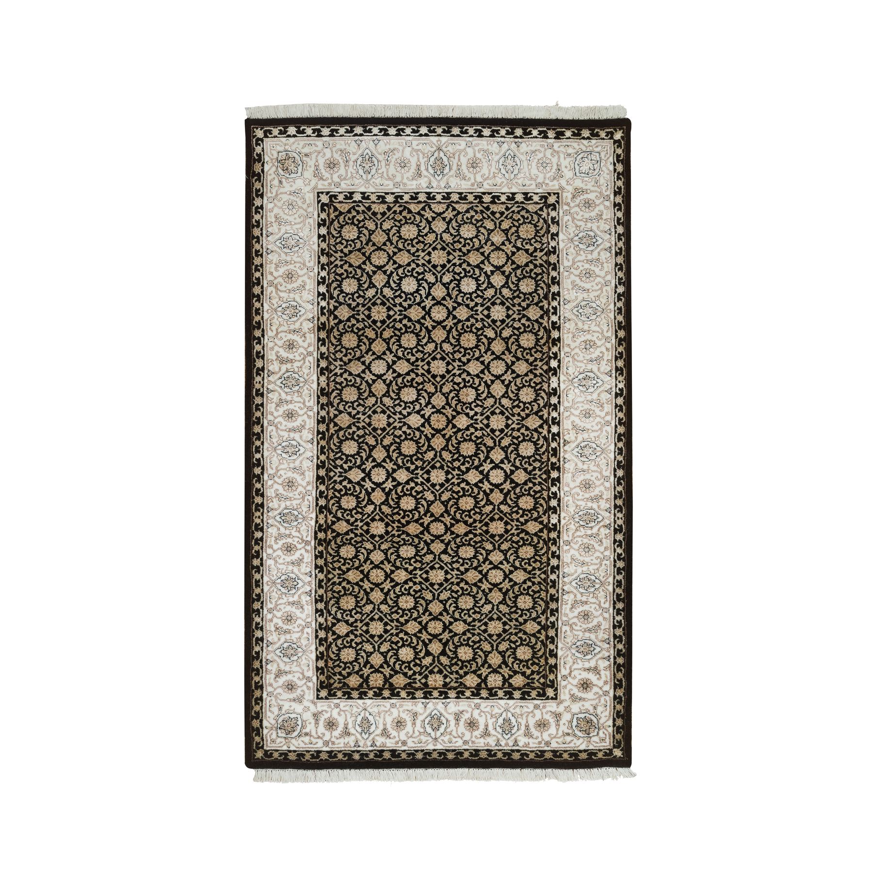 3'1"x5'5" Eerie Black, 250 KPSI Densely Woven, Organic Wool Hand Knotted, Herati with All Over Fish Mahi Design, Oriental Rug HR65312