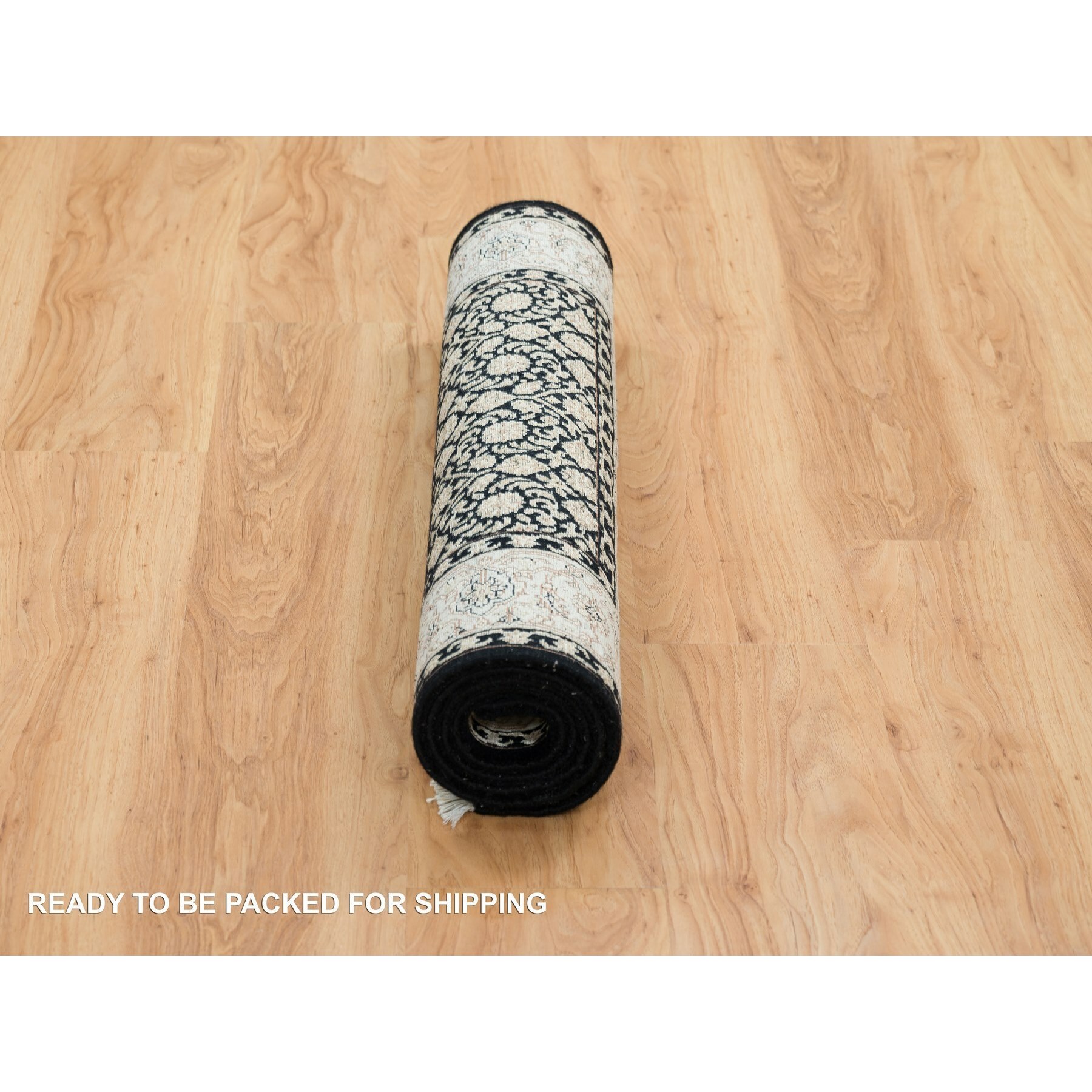 3'1"x5'5" Eerie Black, 250 KPSI Densely Woven, Organic Wool Hand Knotted, Herati with All Over Fish Mahi Design, Oriental Rug HR65312 - Image 6