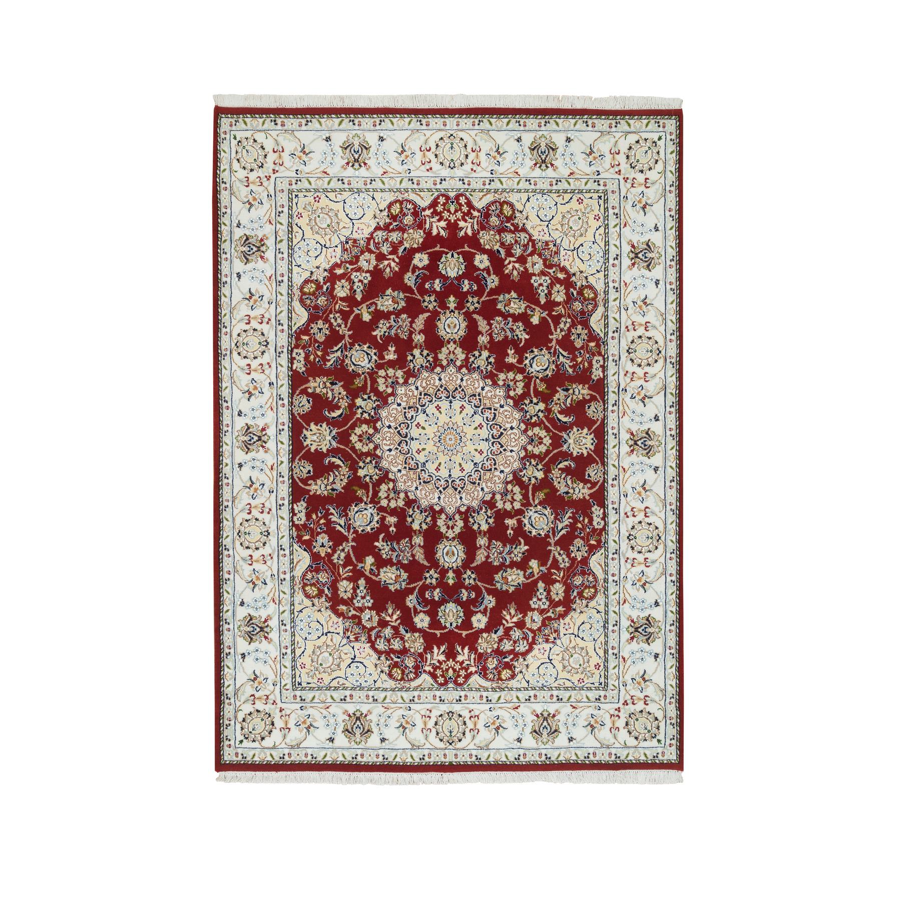 4'7"x6'8" Burgundy Red, Nain with Center Medallion Flower Design, 250 KPSI, Organic Wool, Hand Knotted, Oriental Rug HR65346