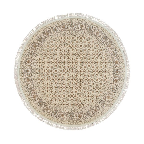 6'3"x6'3" Ivory, 250 KPSI Densely Woven, Pure Wool Hand Knotted, Herati with All Over Fish Mahi Design, Round Oriental Rug HR65389