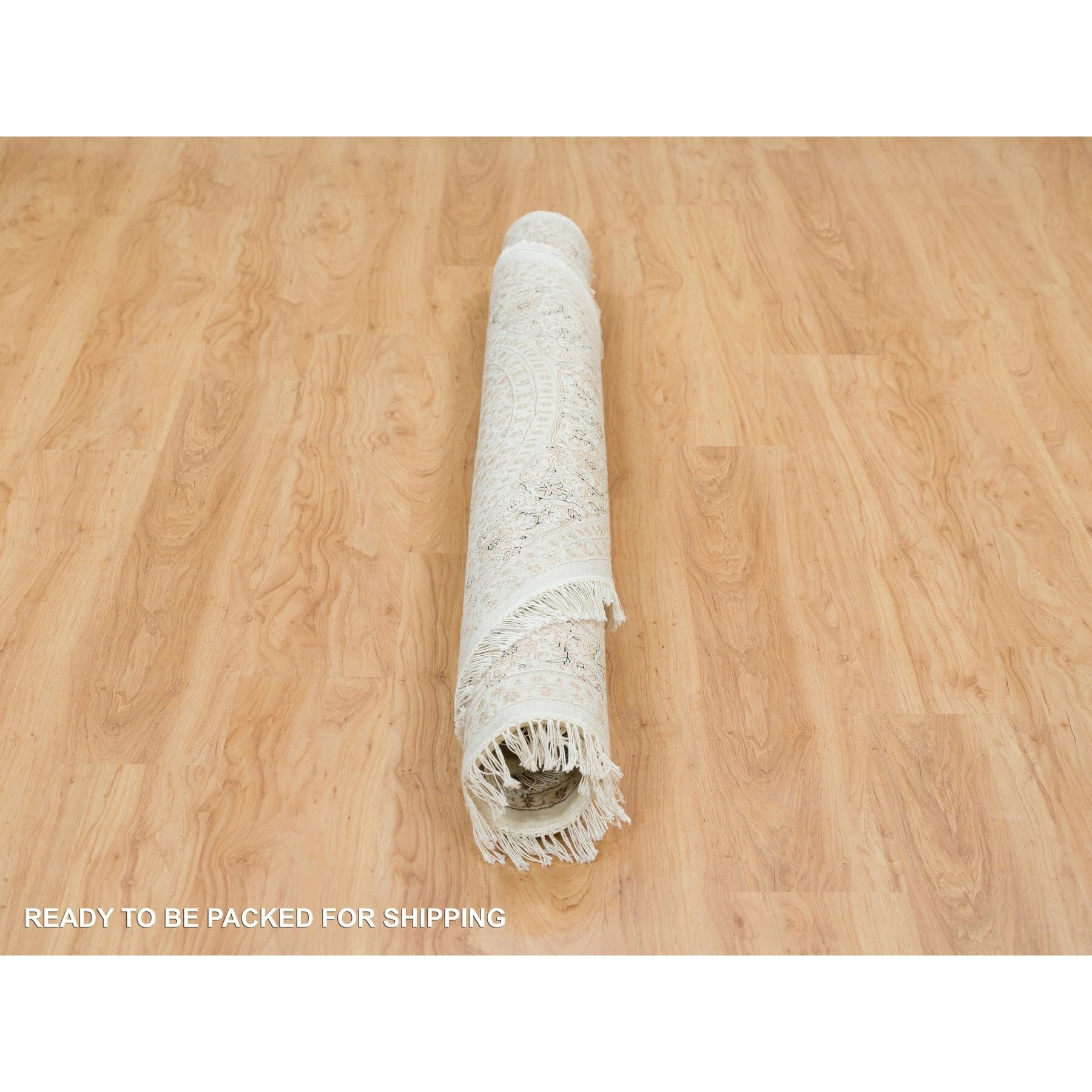 6'3"x6'3" Ivory, 250 KPSI Densely Woven, Pure Wool Hand Knotted, Herati with All Over Fish Mahi Design, Round Oriental Rug HR65389 - Image 6