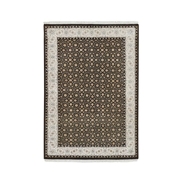 4'x6' Eerie Black, Herati with All Over Fish Mahi Design, 250 KPSI Super Fine Weave, Extra Soft Wool Hand Knotted, Oriental Rug HR65393