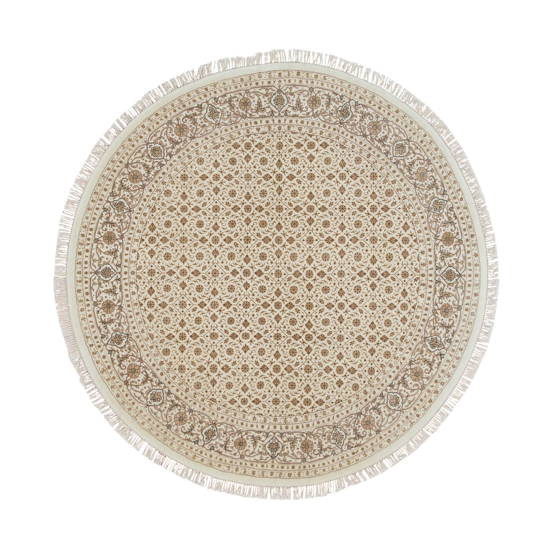 6'3"x6'3" Ivory, Densely Woven Organic Wool, Hand Knotted Herati with All Over Fish Mahi Design, 250 KPSI, Round Oriental Rug HR65401