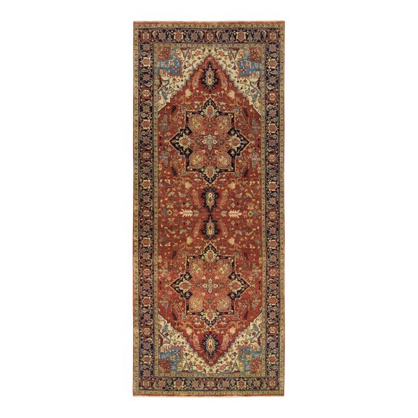 4'x10'1" Terracotta Red, Densely Woven Pure Wool, Hand Knotted Antiqued Fine Heriz Re-Creation, Natural Dyes, Wide Runner Oriental Rug HR65463