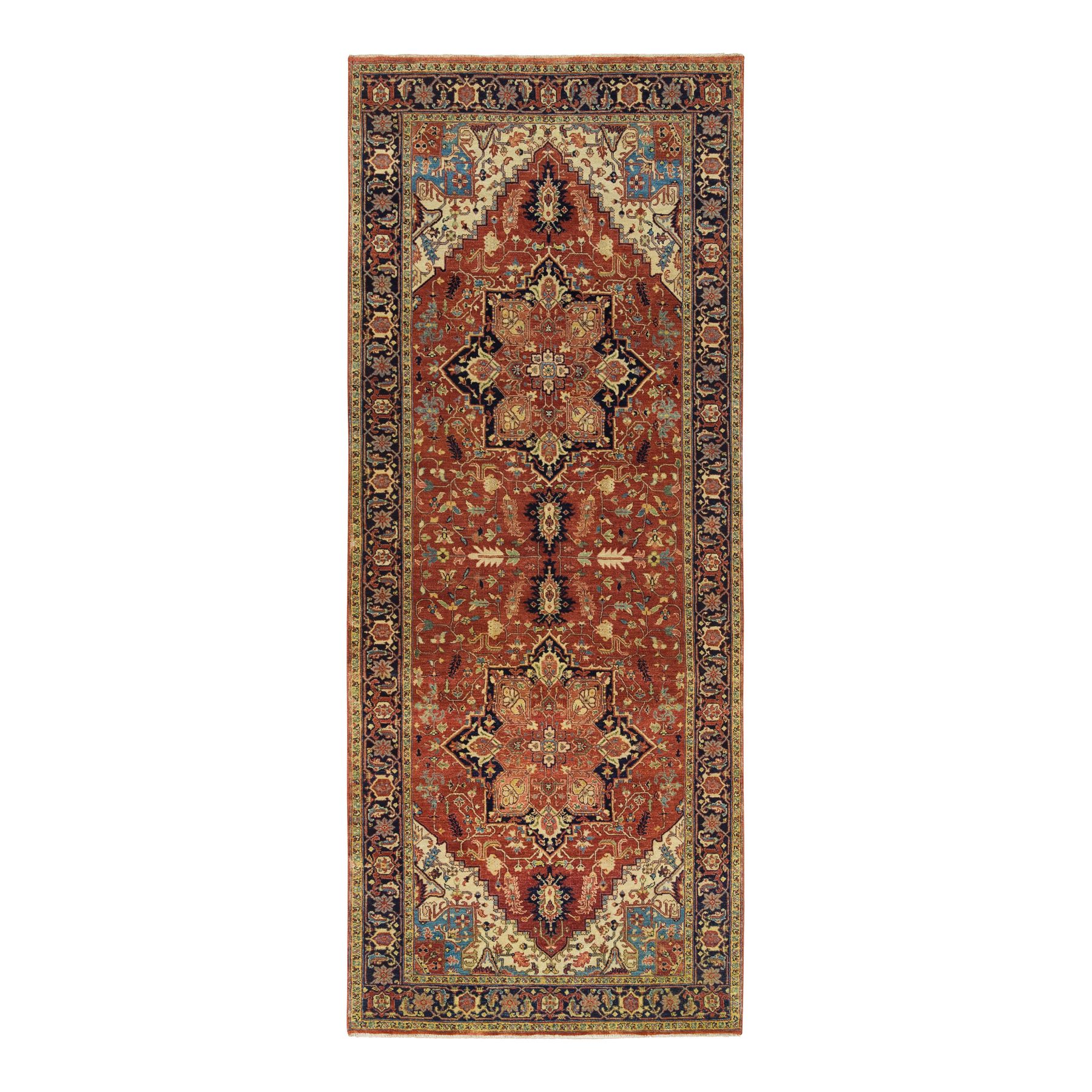 4'x10'1" Terracotta Red, Densely Woven Pure Wool, Hand Knotted Antiqued Fine Heriz Re-Creation, Natural Dyes, Wide Runner Oriental Rug HR65463